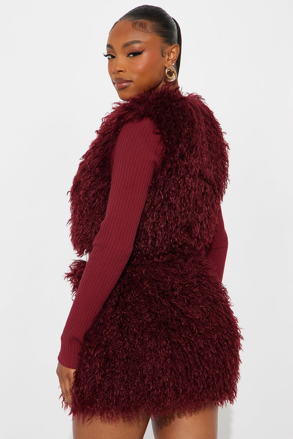 Fur Fierce Faux Fur Cardigan Skirt Set - Burgundy
