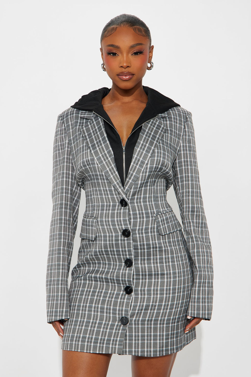 Klyn Hooded Blazer Mini Dress - Grey/combo