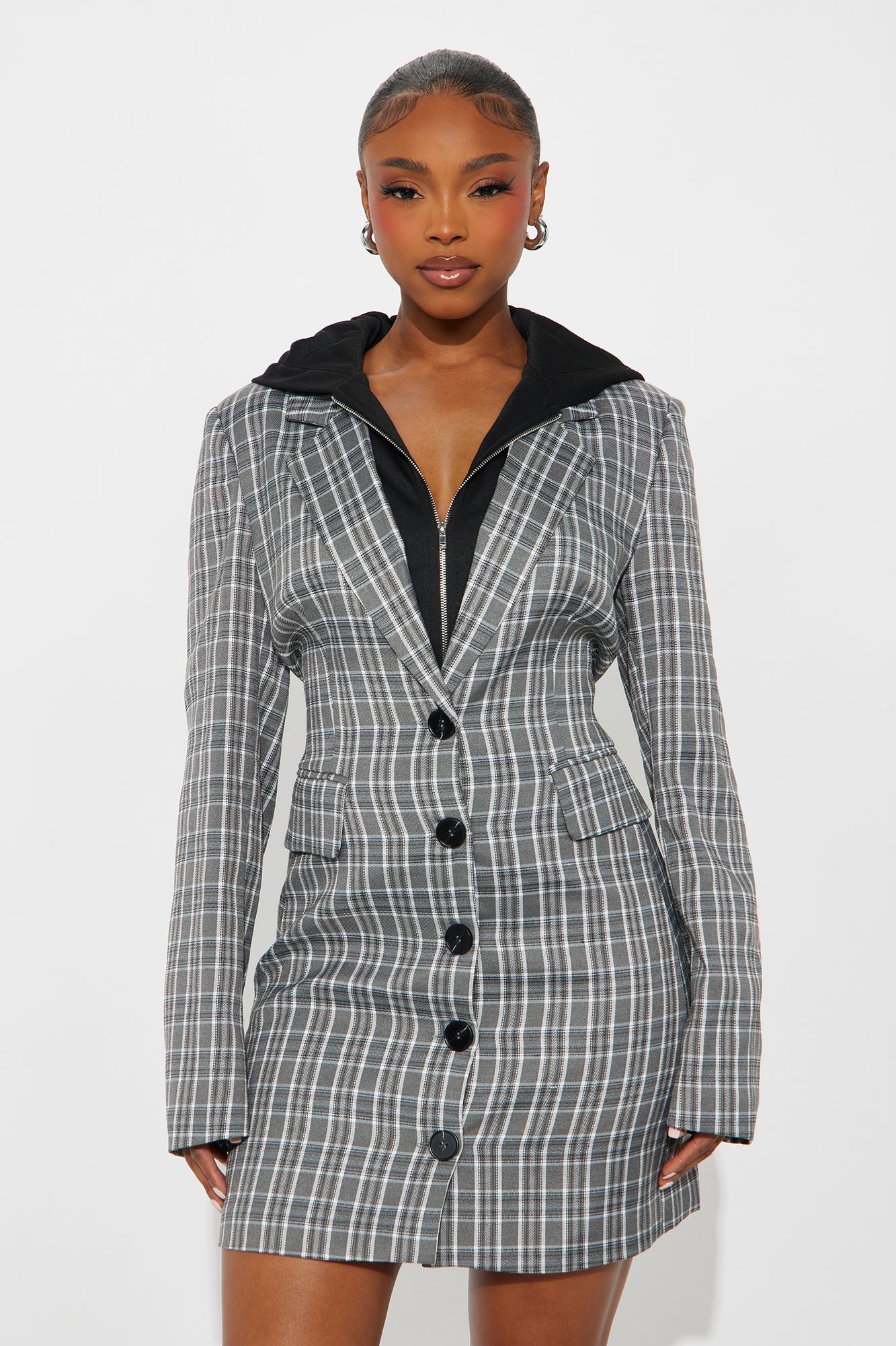 Klyn Hooded Blazer Mini Dress - Grey/combo