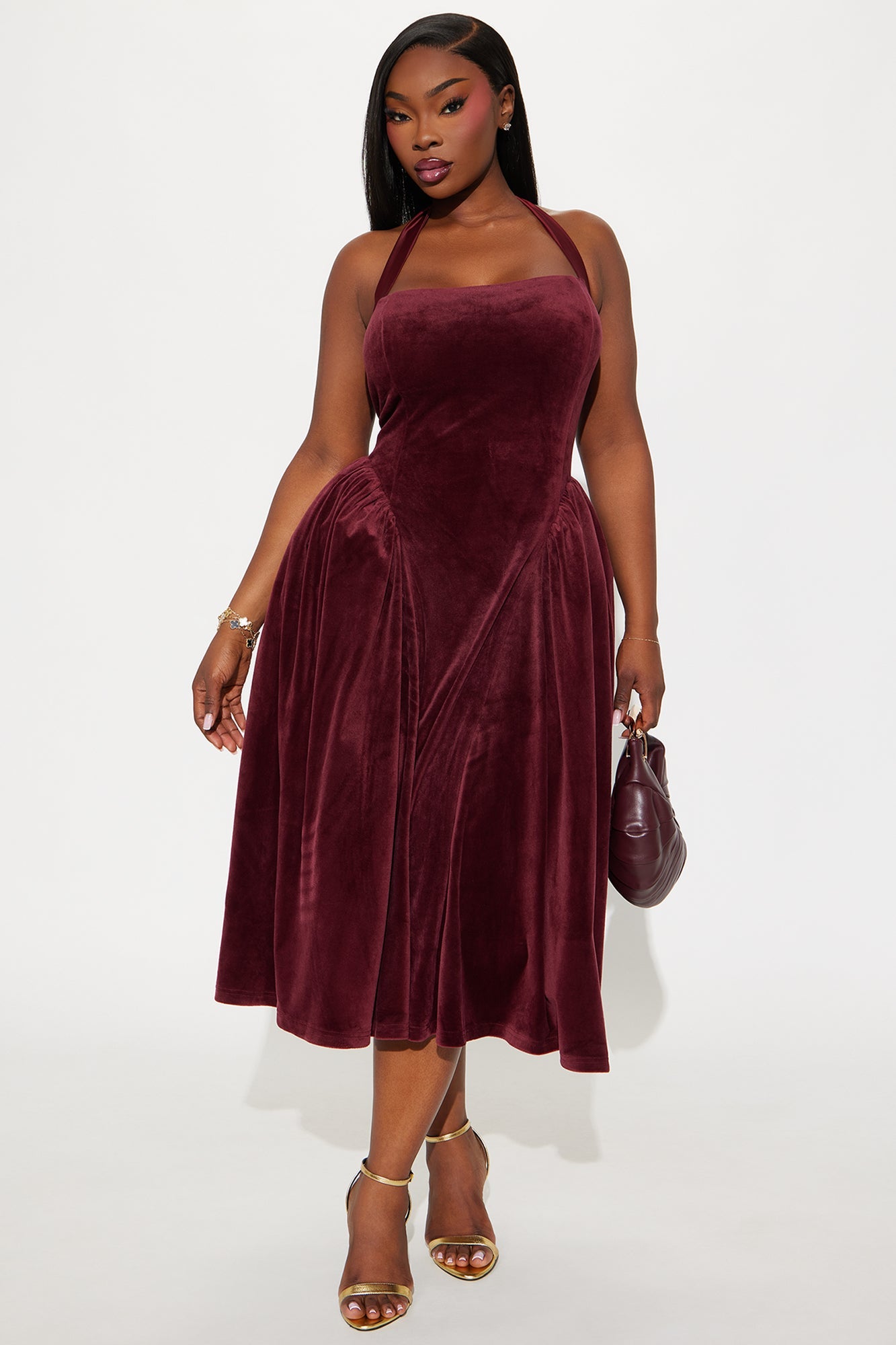 Holly Halter Velvet Midi Dress - Wine