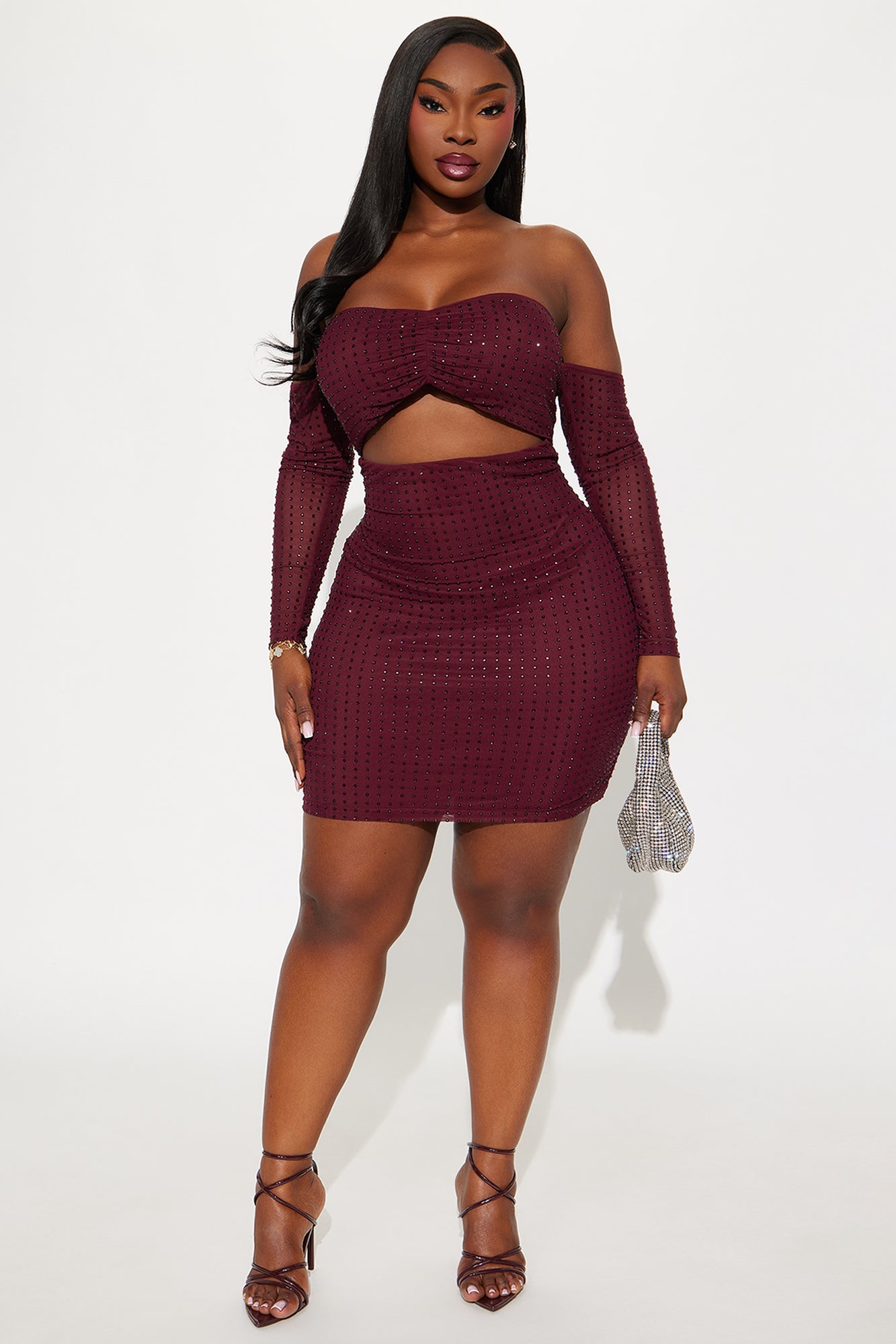 Feminine Aura Rhinestone Mini Dress - Wine