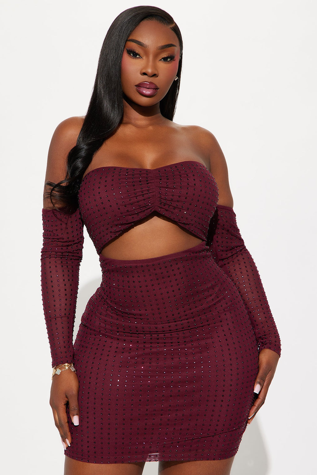Feminine Aura Rhinestone Mini Dress - Wine