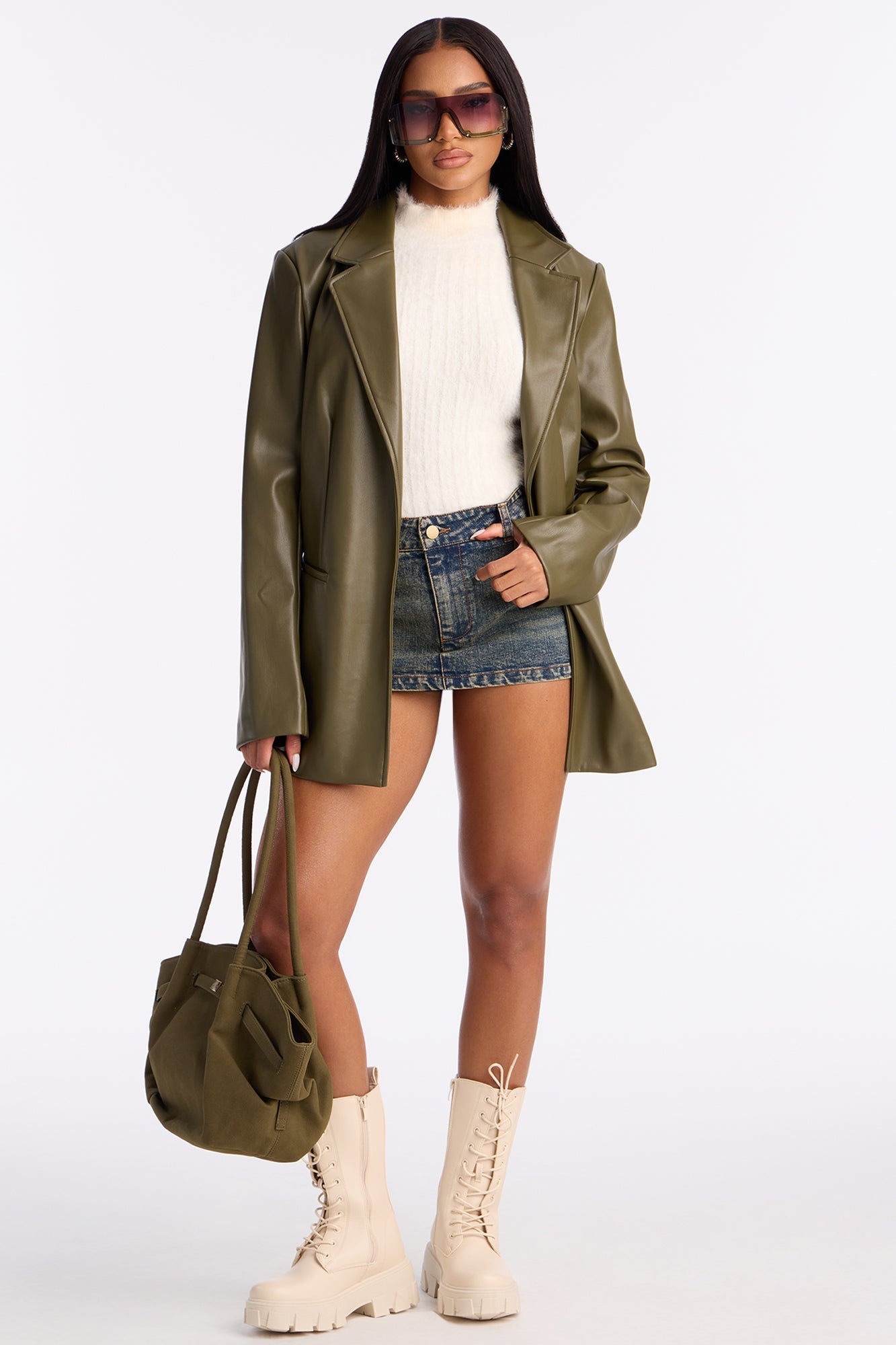 Ameli Oversized Faux Leather Blazer - Olive
