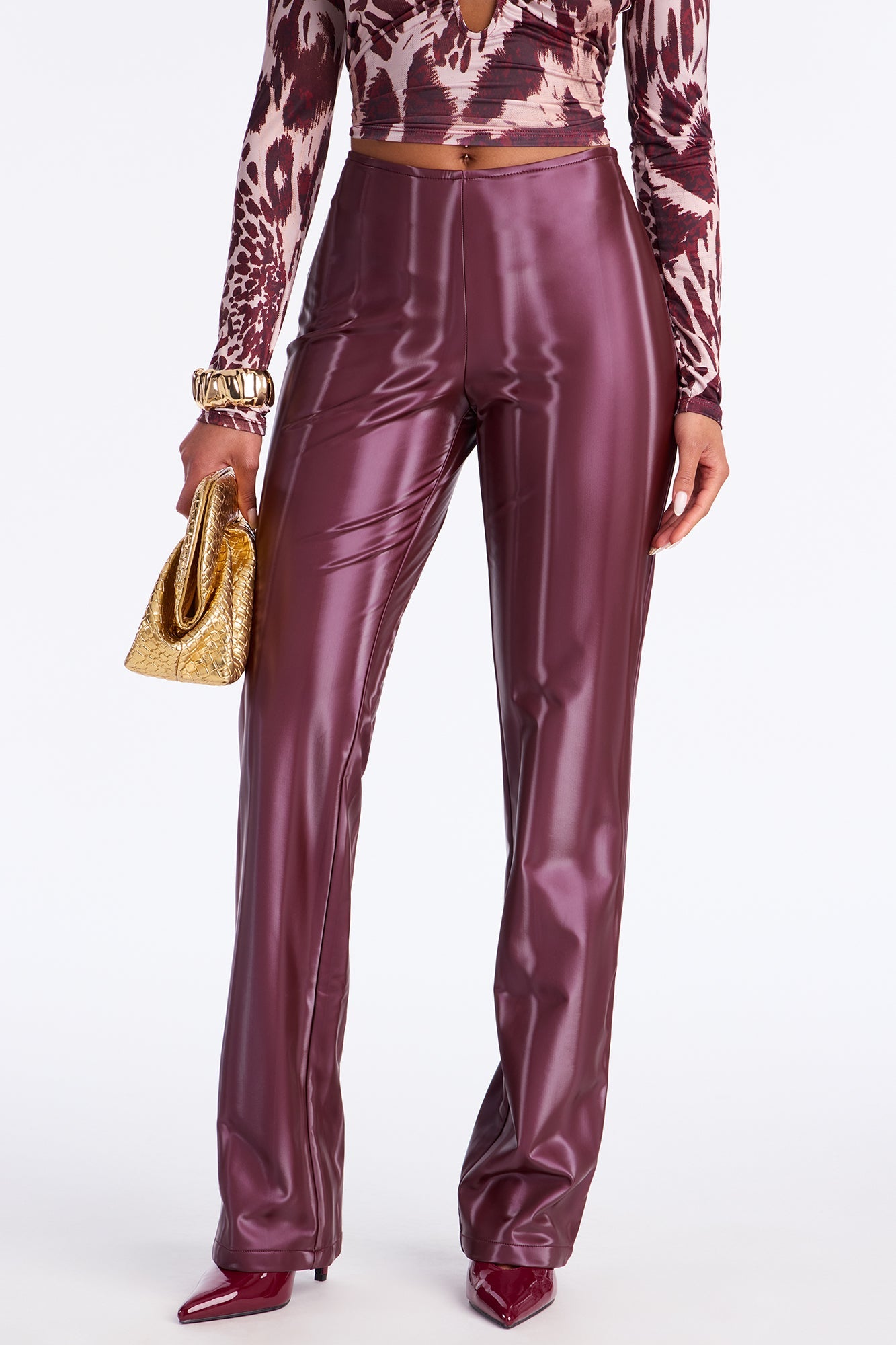 Olandria Faux Leather Straight Leg Pant 33 - Burgundy