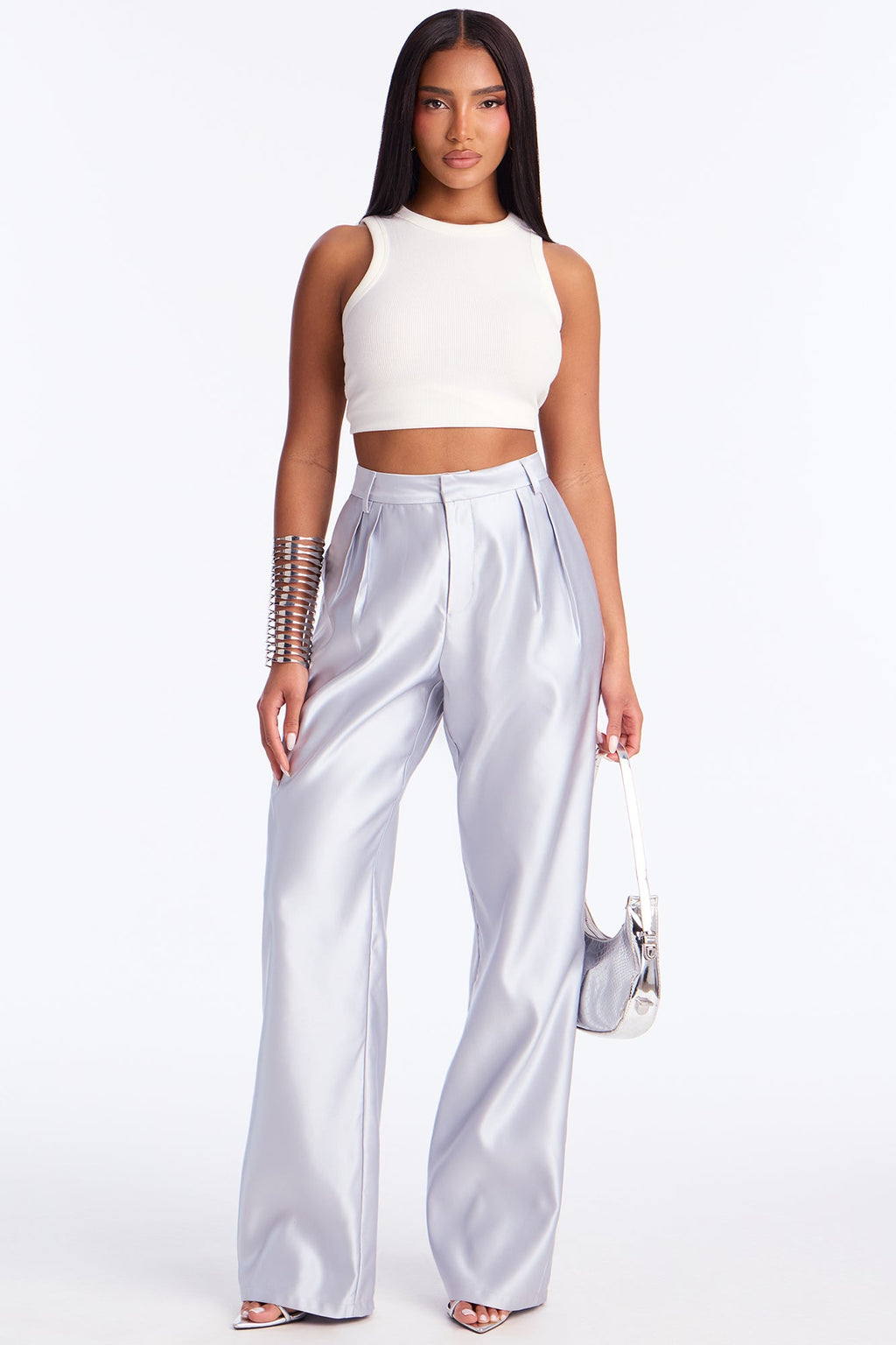 Late Night Cue Satin Wide Leg Pant 32″ - Silver
