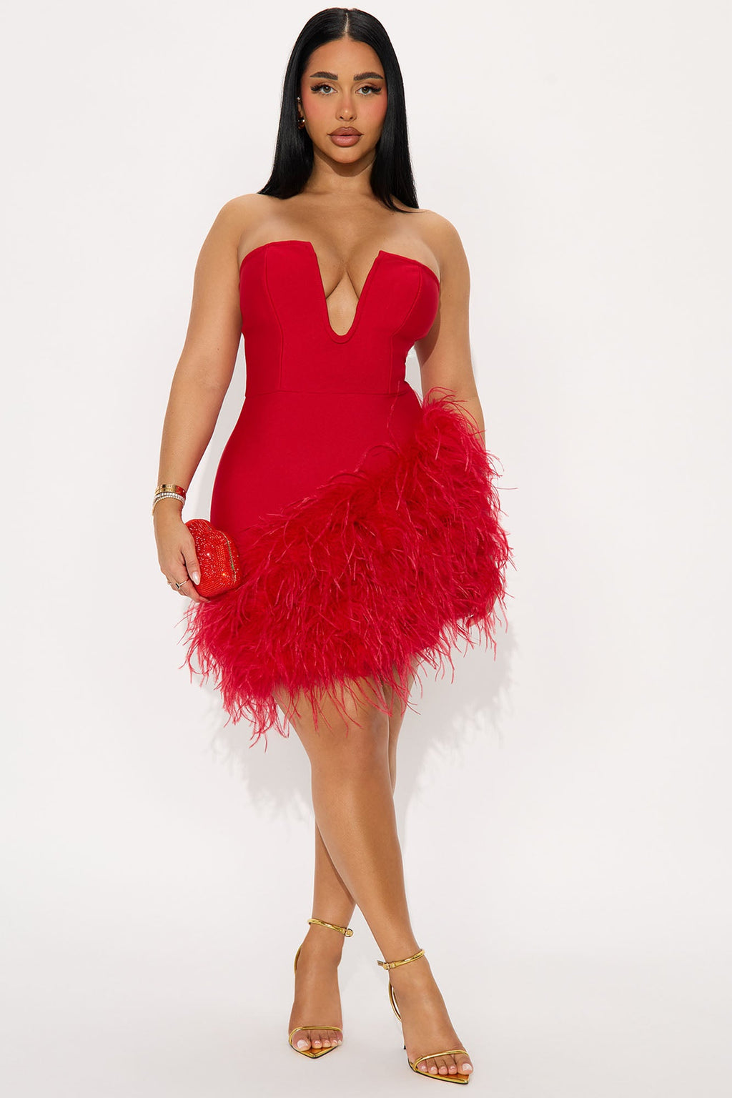 Top Choice Feather Trim Bandage Mini Dress - Red