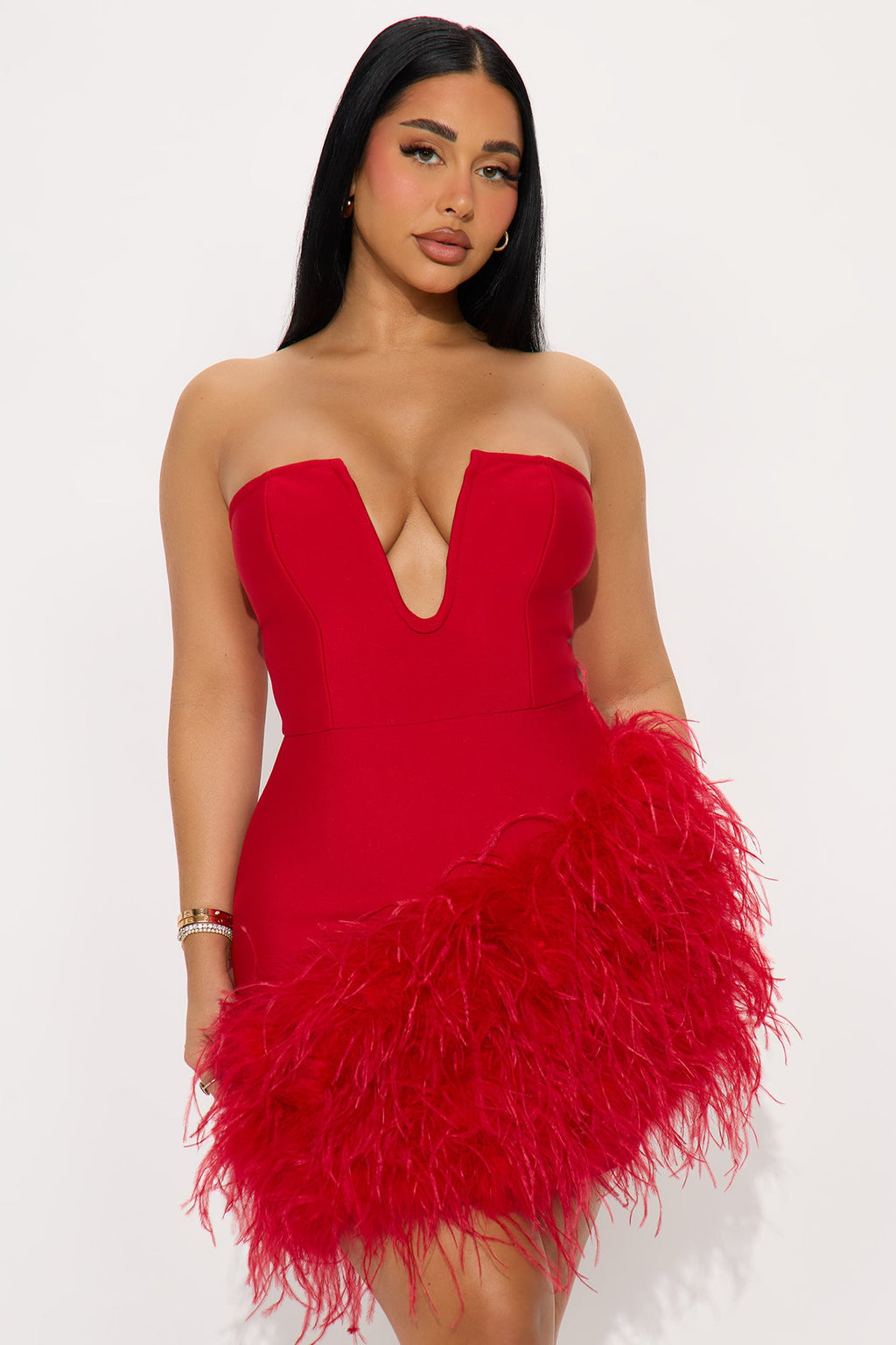 Top Choice Feather Trim Bandage Mini Dress - Red