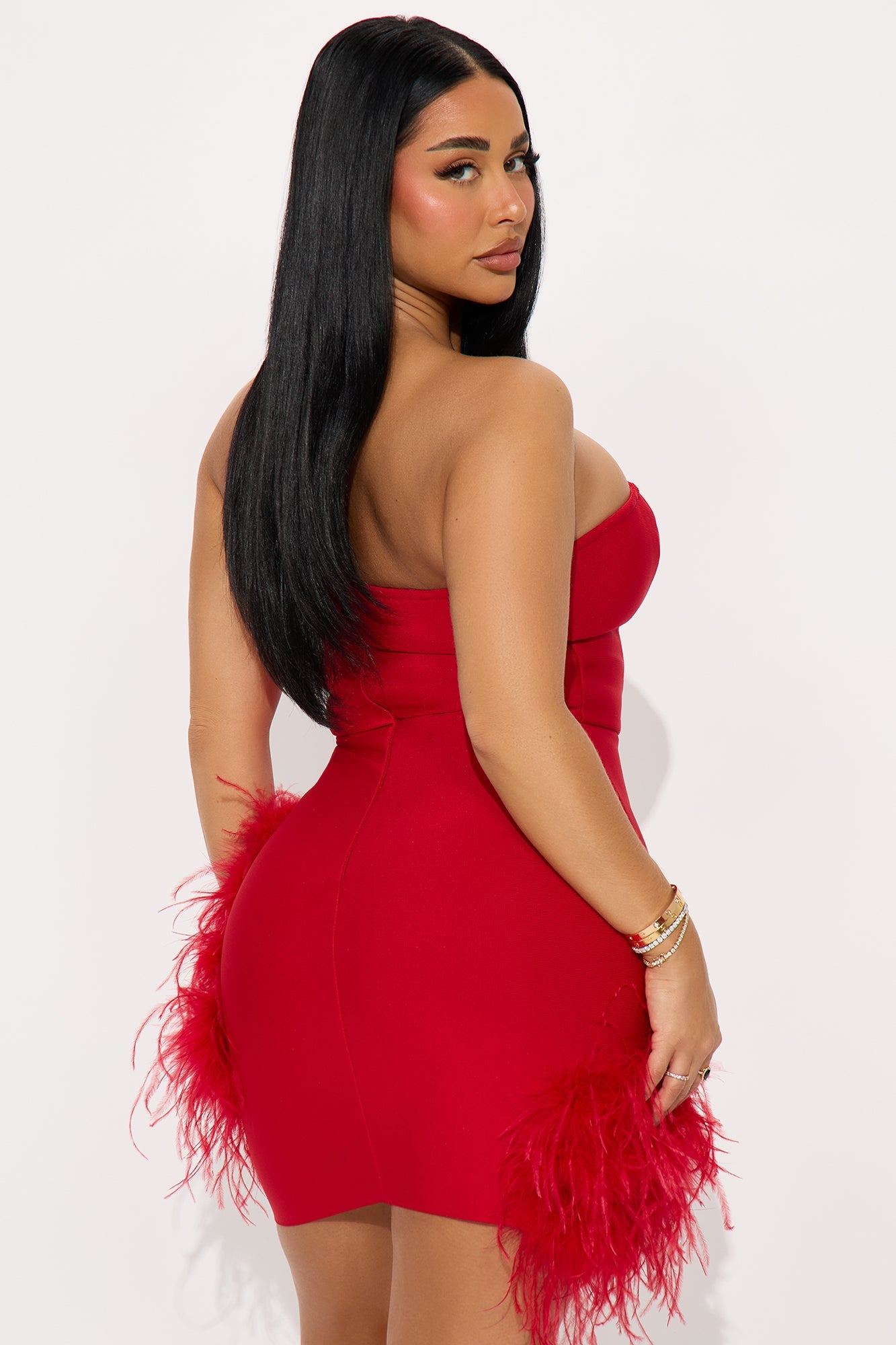 Top Choice Feather Trim Bandage Mini Dress - Red