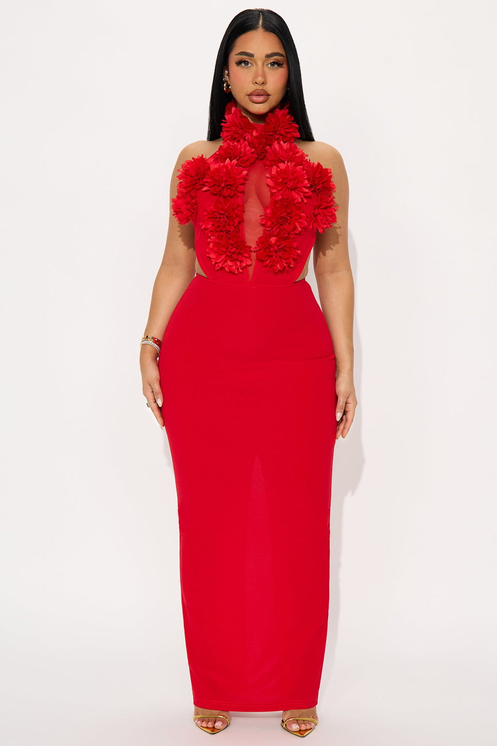 Lillian Floral Applique Gown - Red