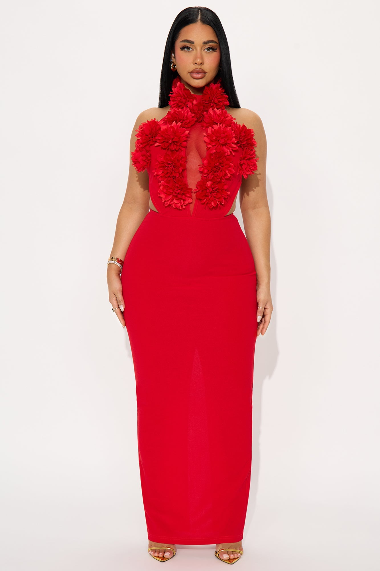 Lillian Floral Applique Gown - Red