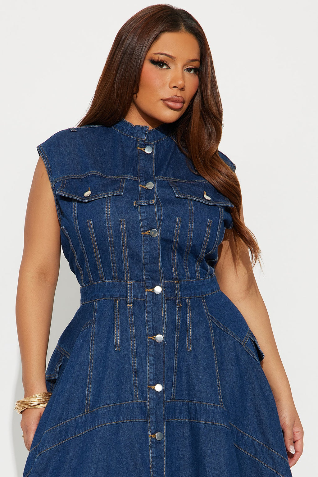 Dolly Button Up Denim Midi Dress - Denim