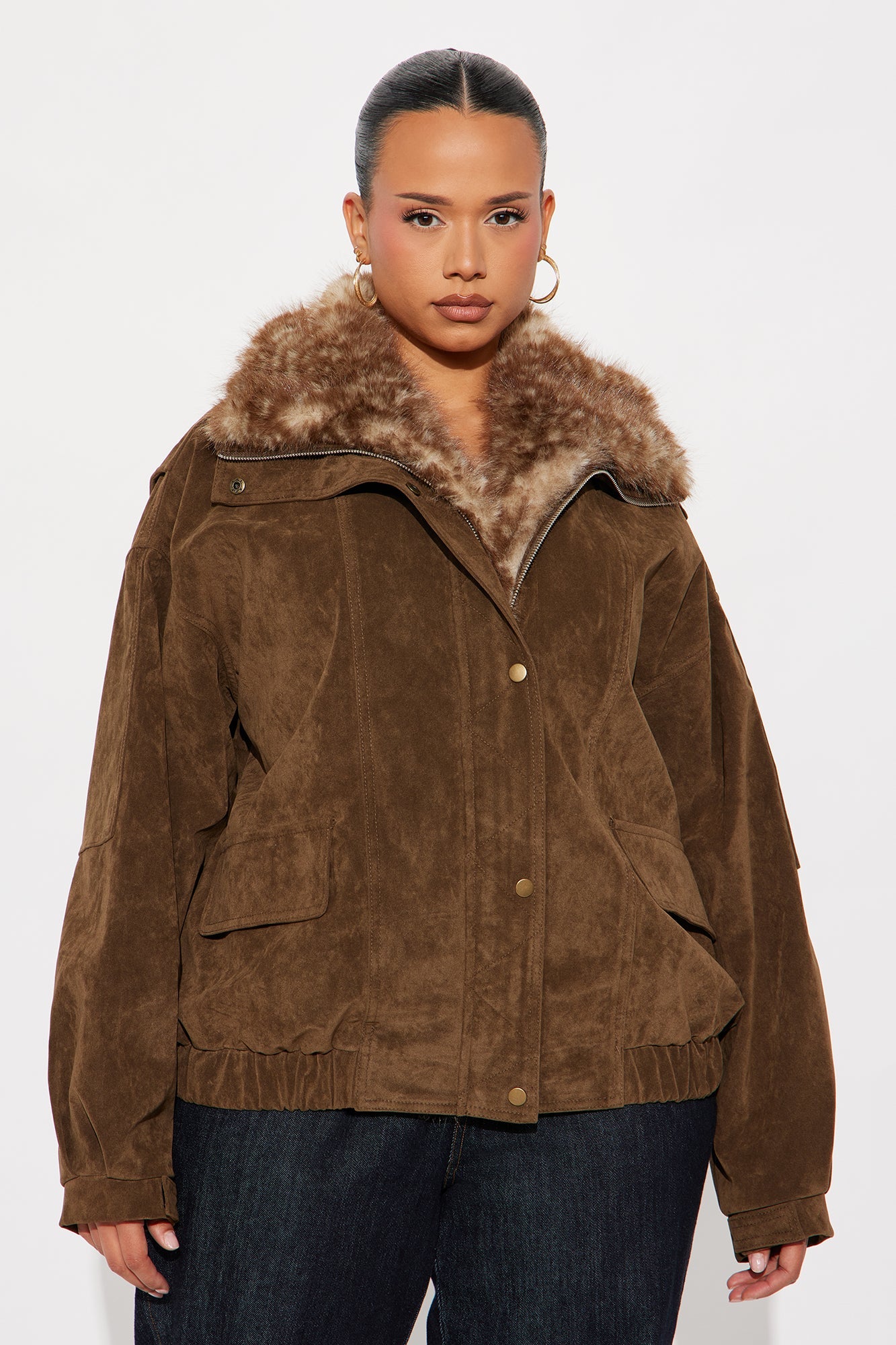 No Closure Faux Suede Oversized Jacket - Brown