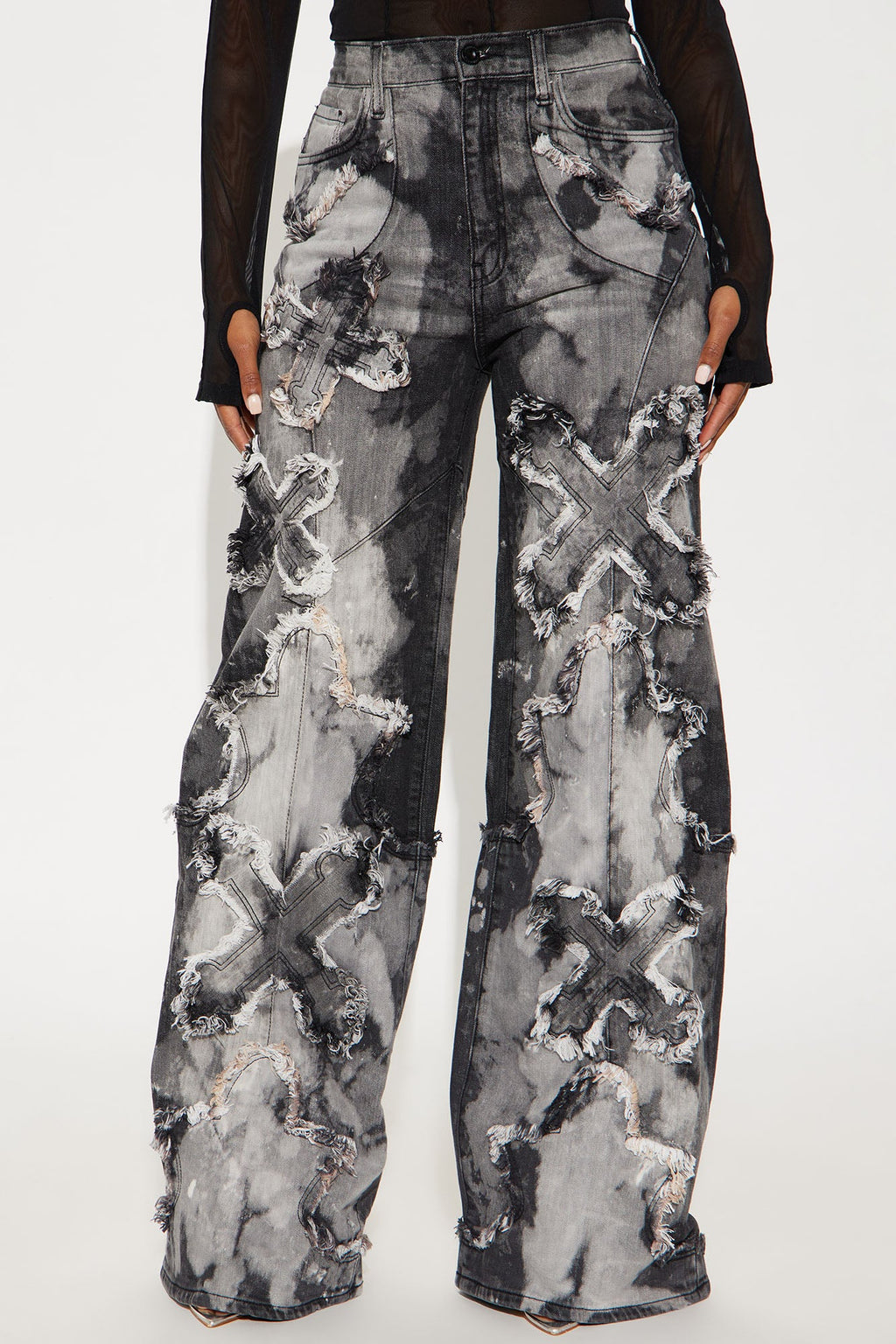 Double Crossed High Rise Applique Jeans - Black Wash