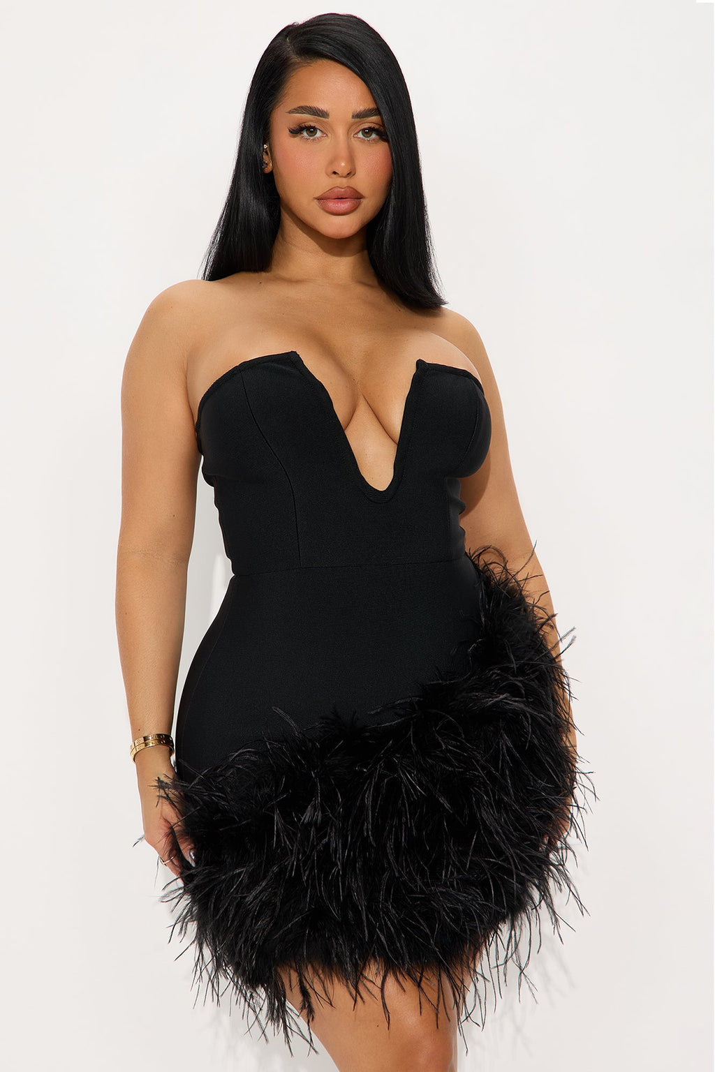 Top Choice Feather Trim Bandage Mini Dress - Black