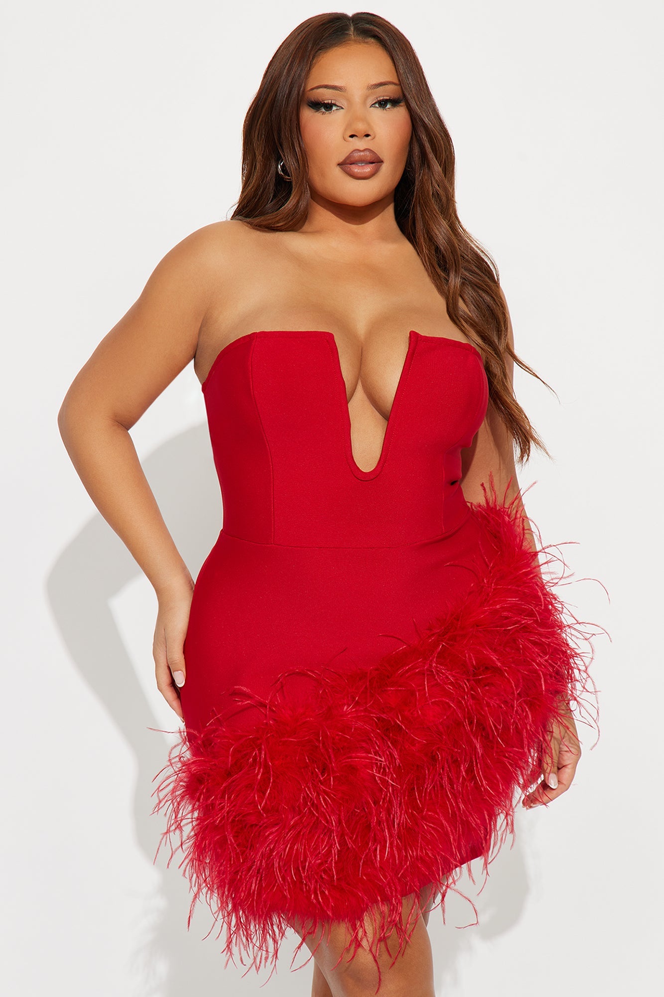 Top Choice Feather Trim Bandage Mini Dress - Red