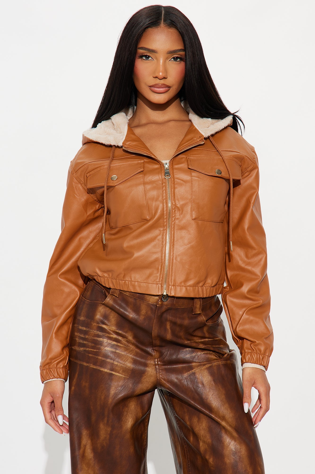 Sammie Fur Hood Faux Leather Jacket - Cognac