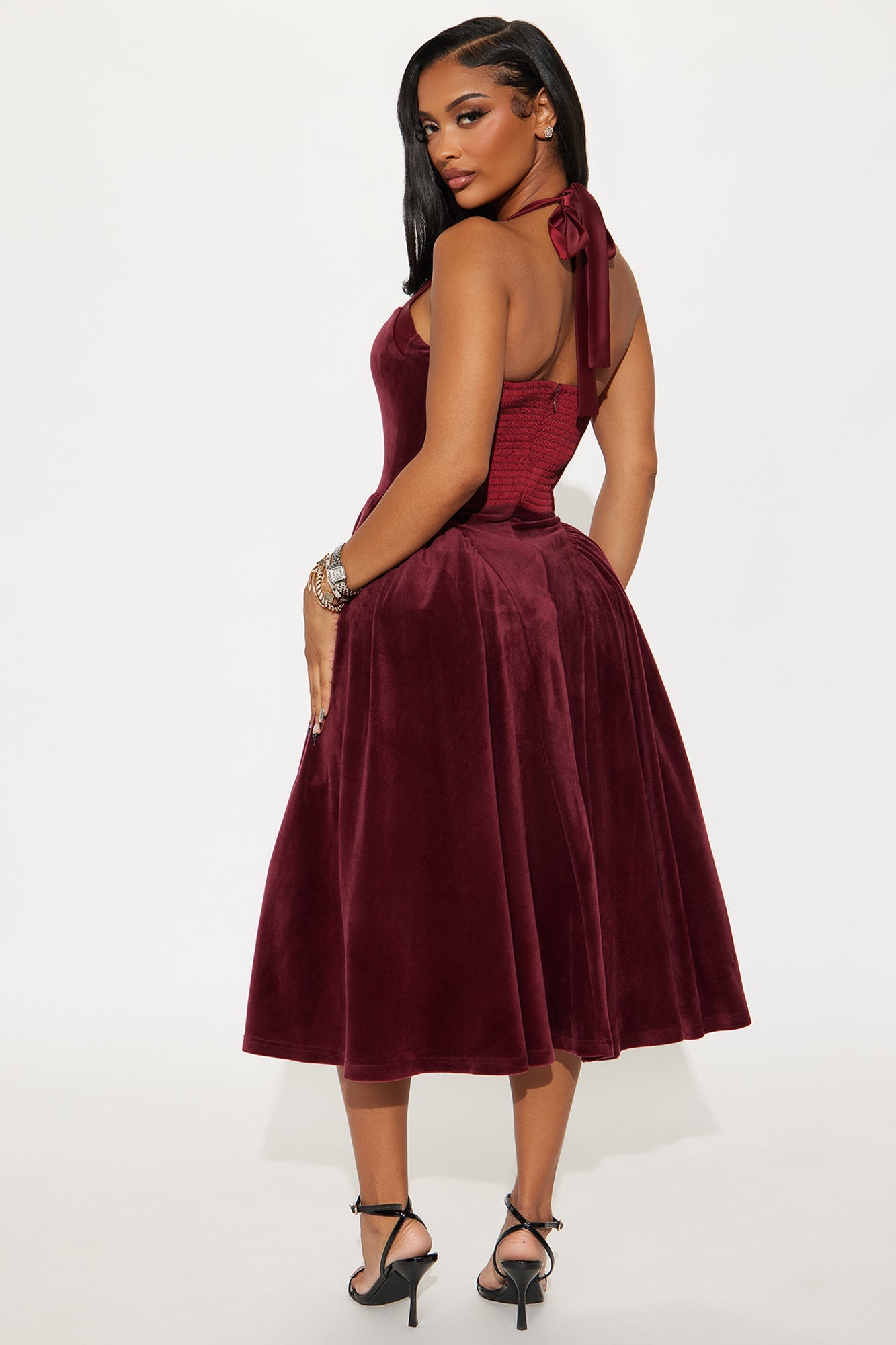 Holly Halter Velvet Midi Dress - Wine