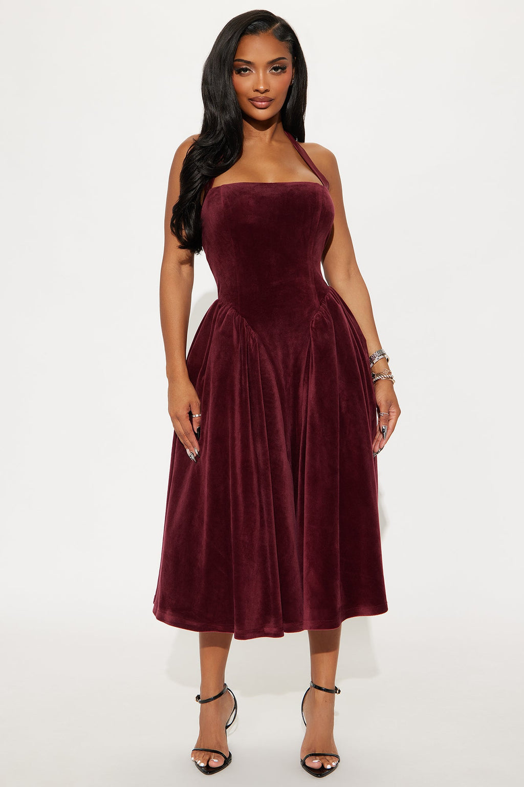Holly Halter Velvet Midi Dress - Wine