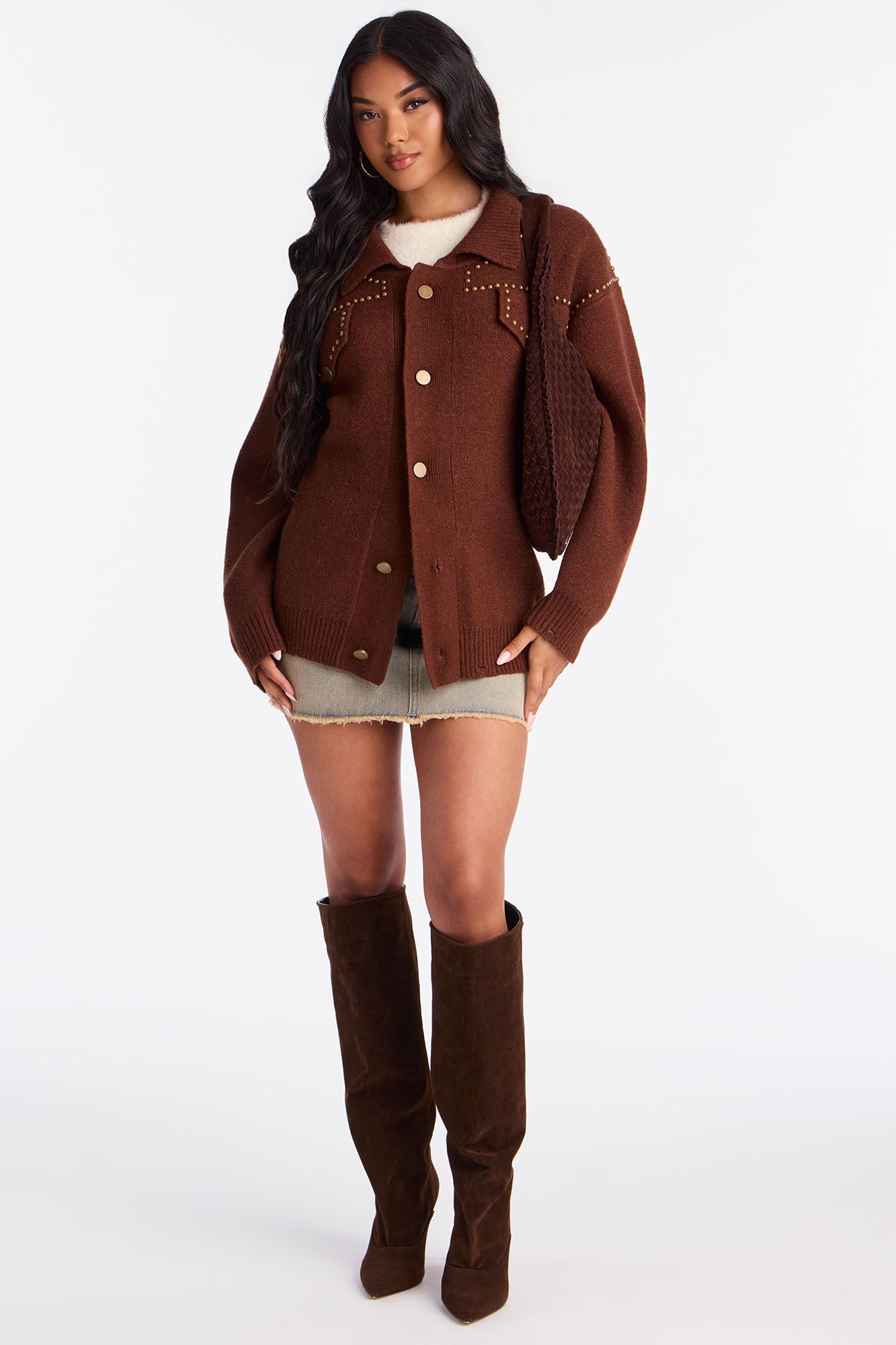 Western Girl Studded Cardigan - Brown