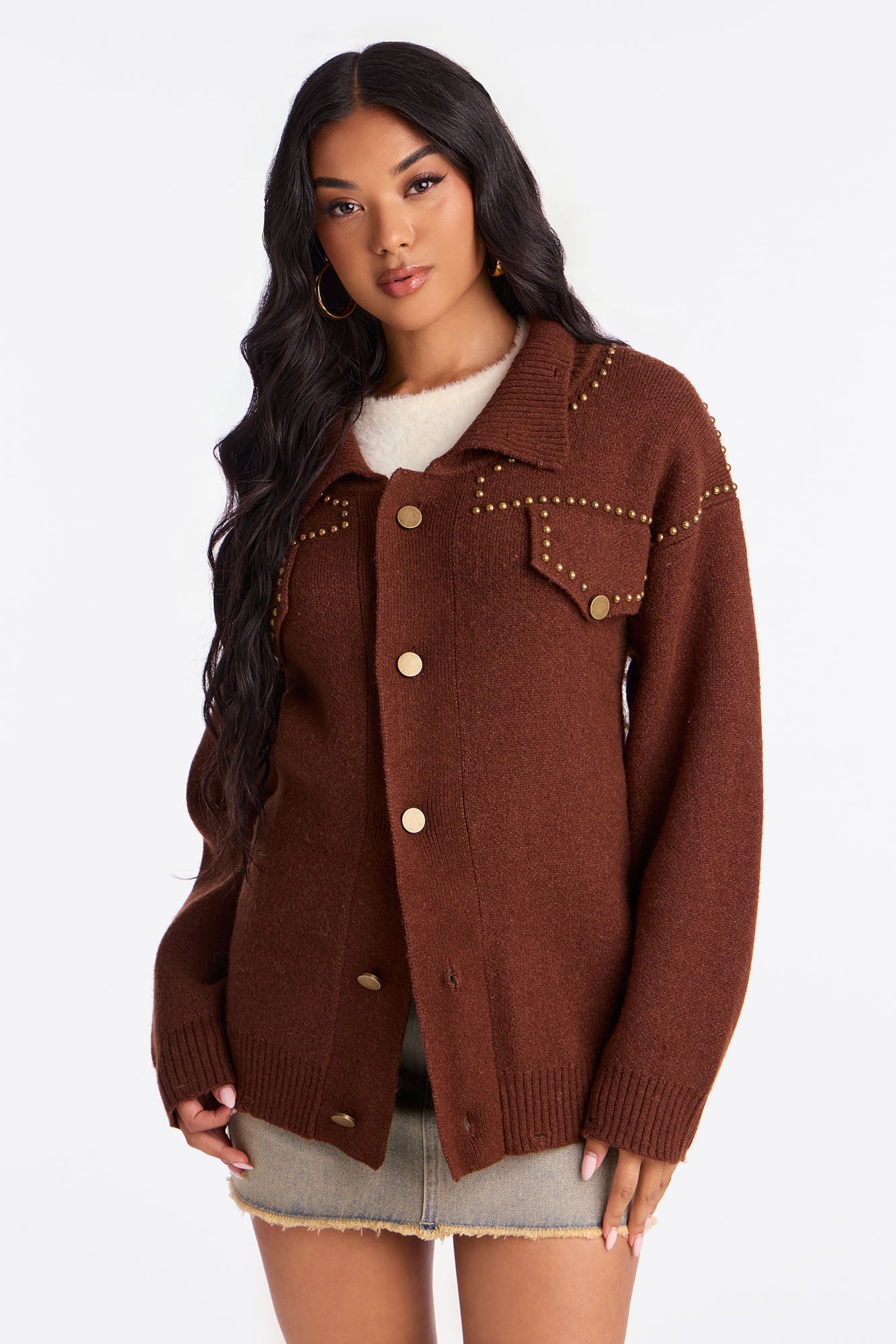 Western Girl Studded Cardigan - Brown