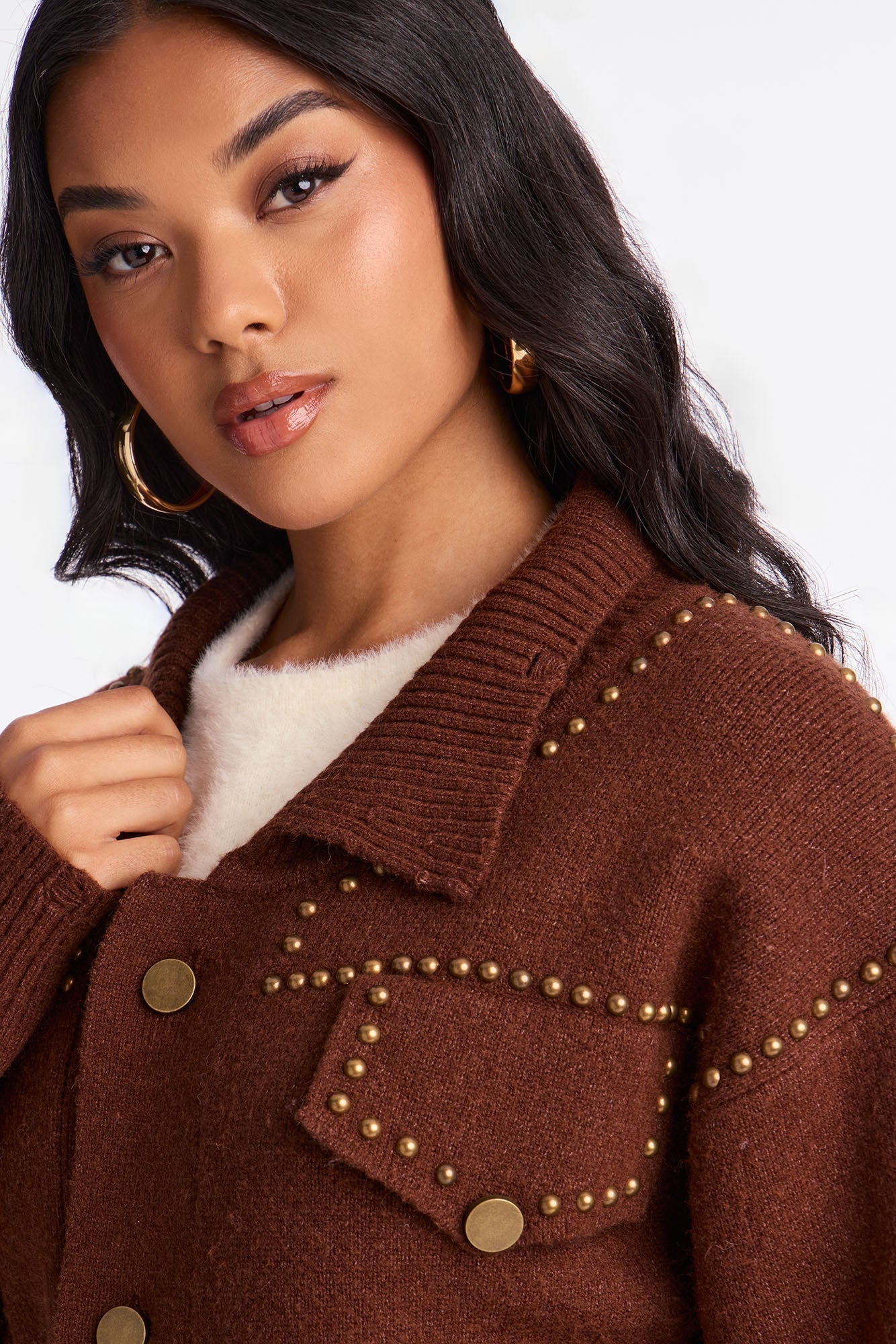 Western Girl Studded Cardigan - Brown