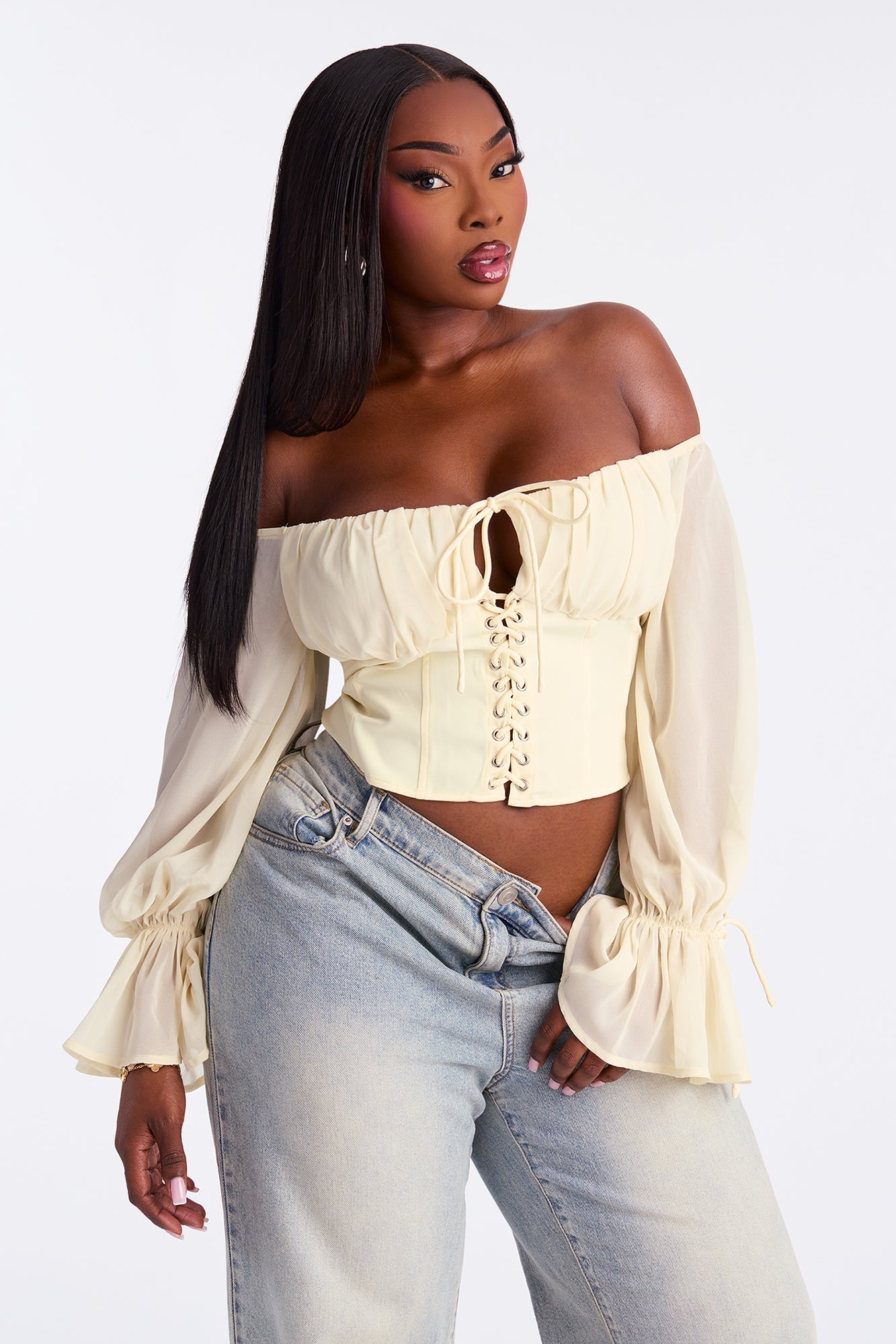 Shore Line Off Shoulder Chiffon Top - Butter Yellow