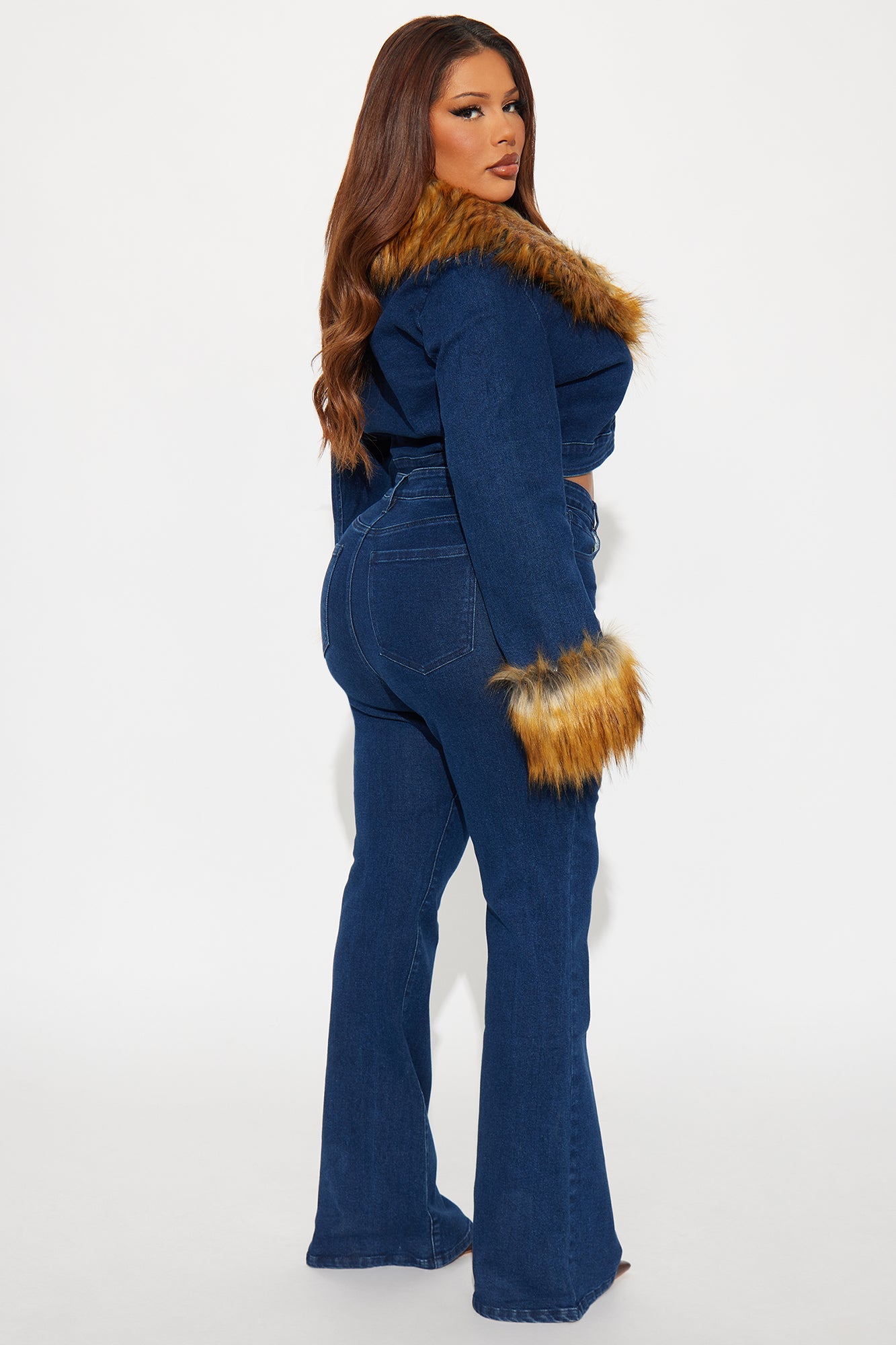Mane Attraction Faux Fur Denim Pant Set - Dark Wash