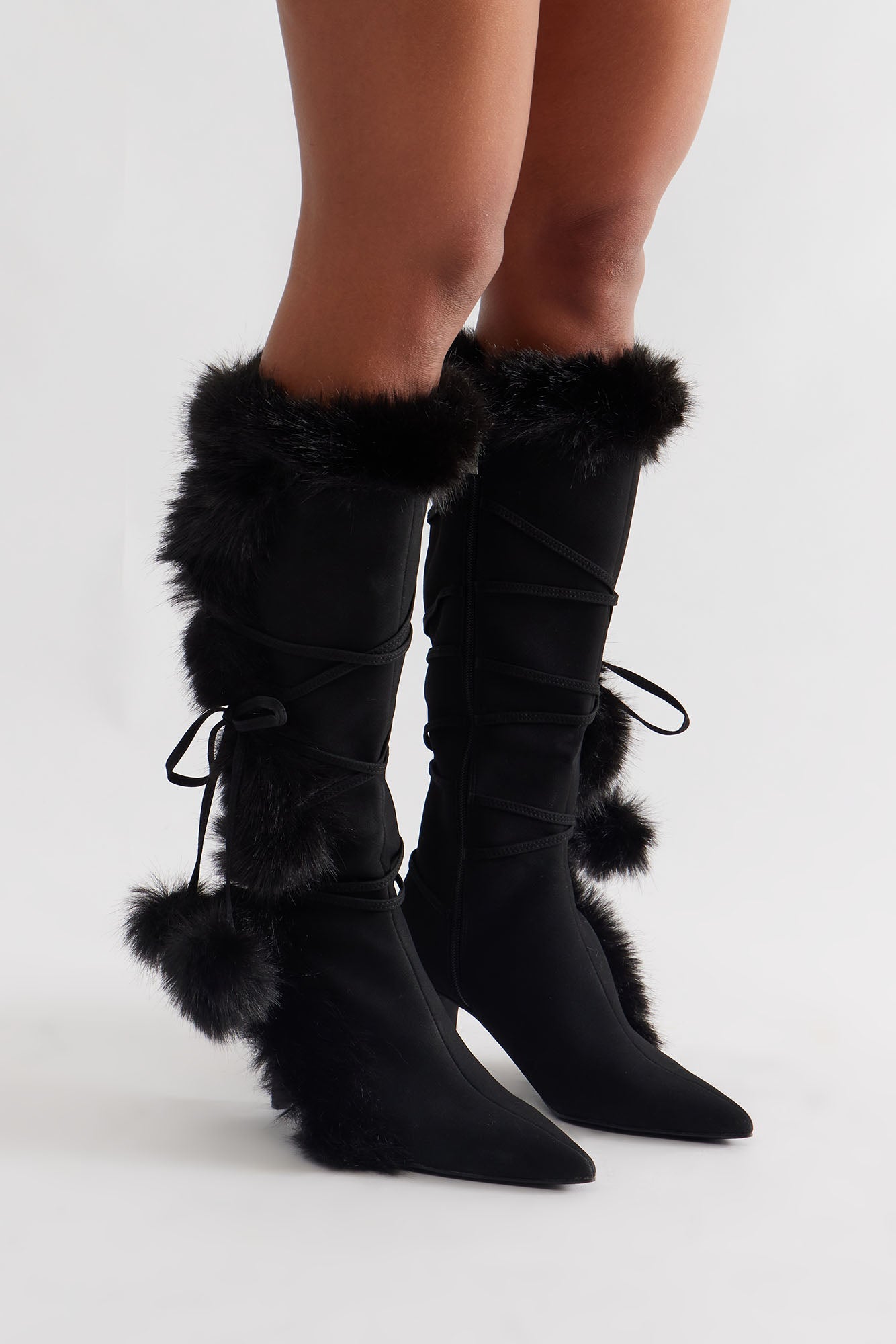 Pompom Faux Fur Boots - Black
