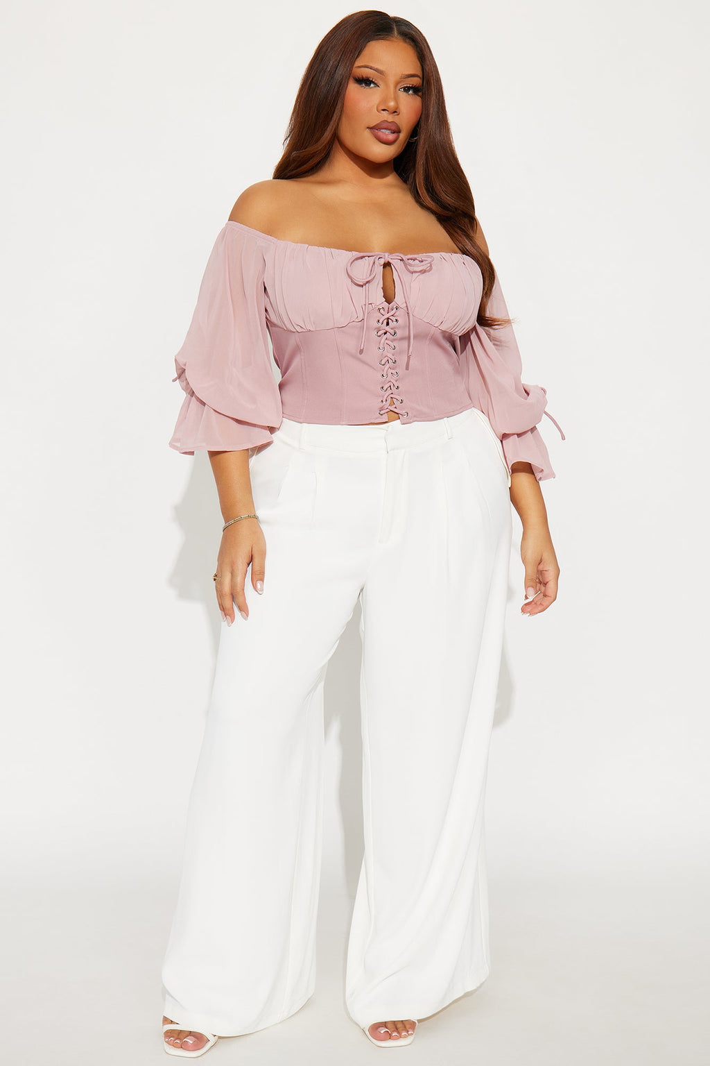 Shore Line Off Shoulder Chiffon Top - Mauve