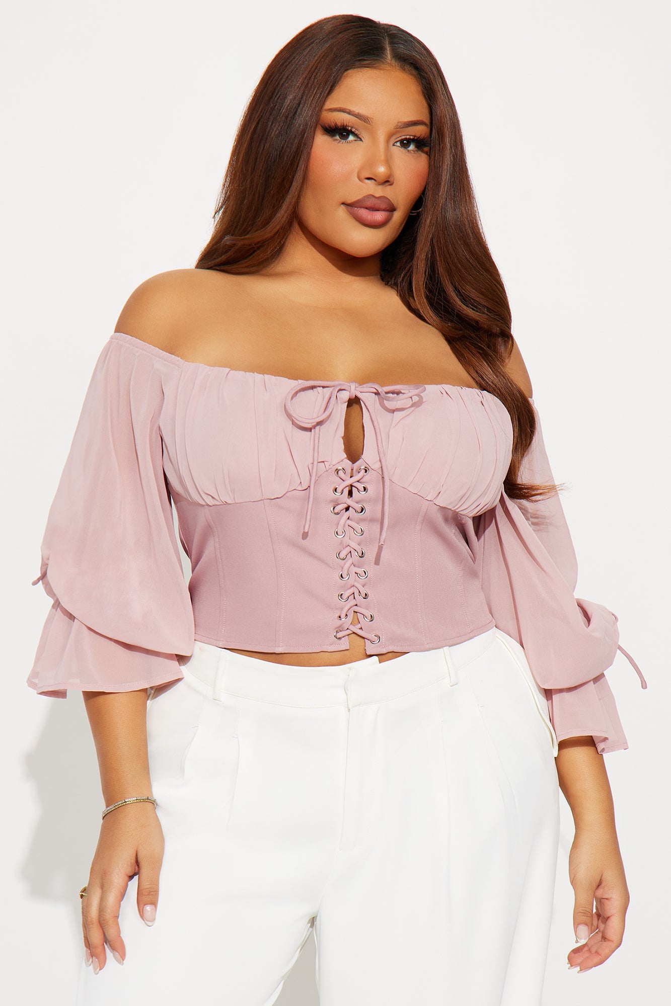 Shore Line Off Shoulder Chiffon Top - Mauve