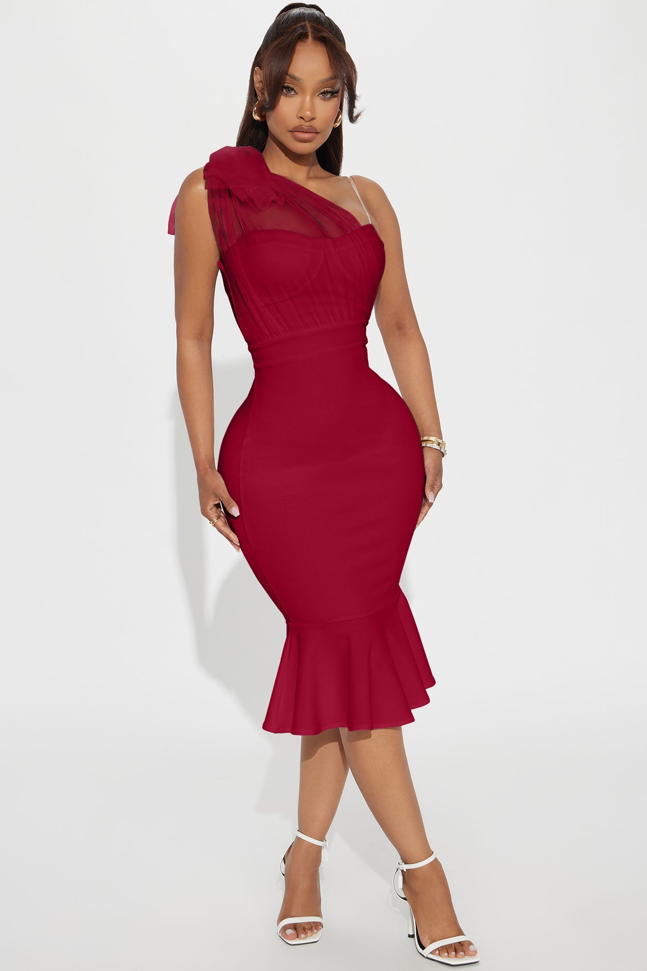 Prize Possession One Shoulder Midi Dress - Red