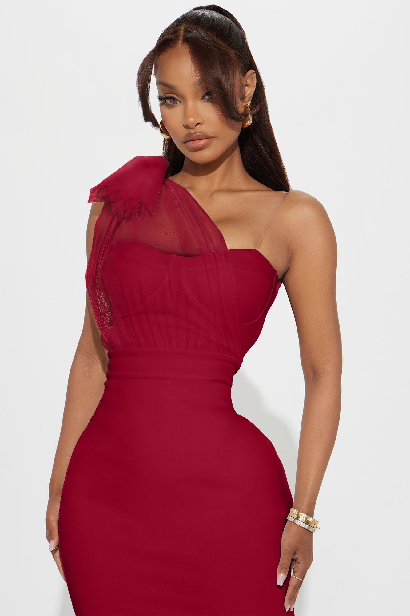 Prize Possession One Shoulder Midi Dress - Red
