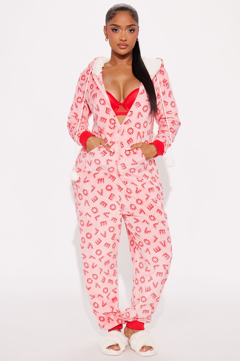 Candy Cane Sweetie Plush PJ Jumpsuit Onesie - Pink/combo