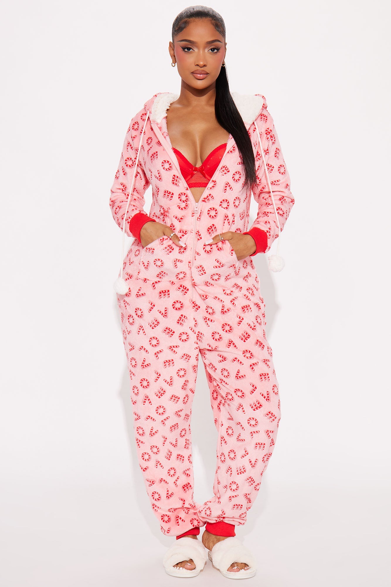 Candy Cane Sweetie Plush PJ Jumpsuit Onesie - Pink/combo