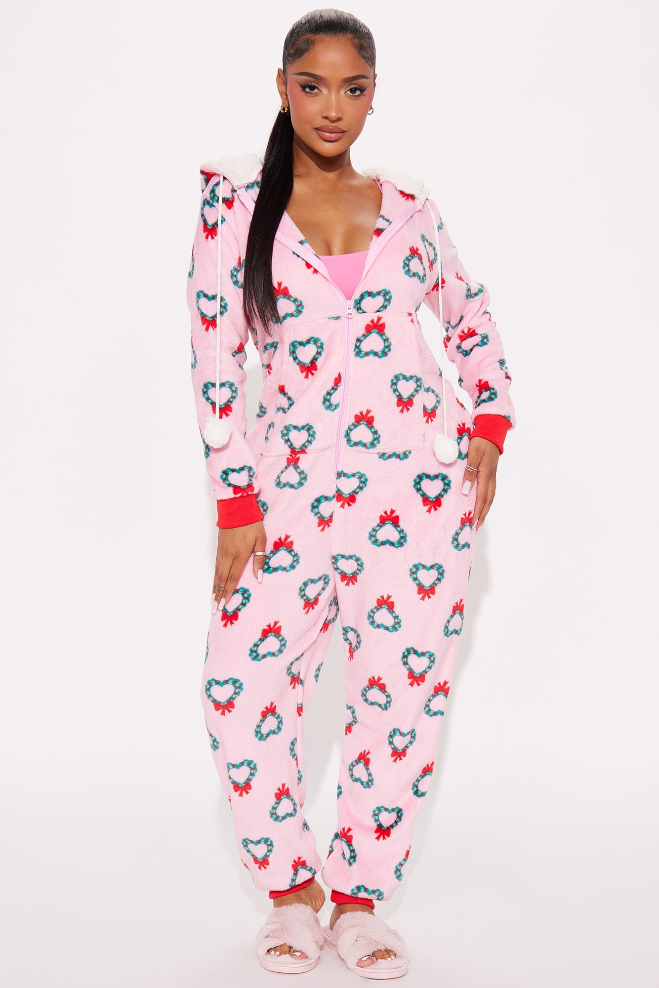 I Heart Christmas Plush PJ Jumpsuit Onesie - Pink/combo