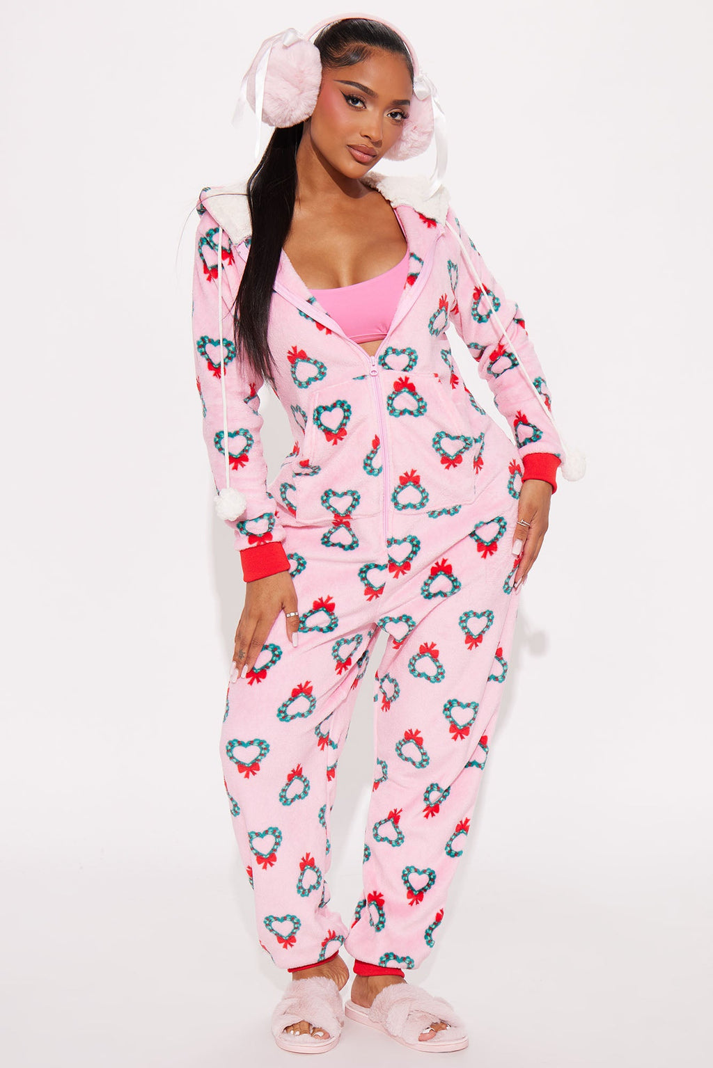 I Heart Christmas Plush PJ Jumpsuit Onesie - Pink/combo