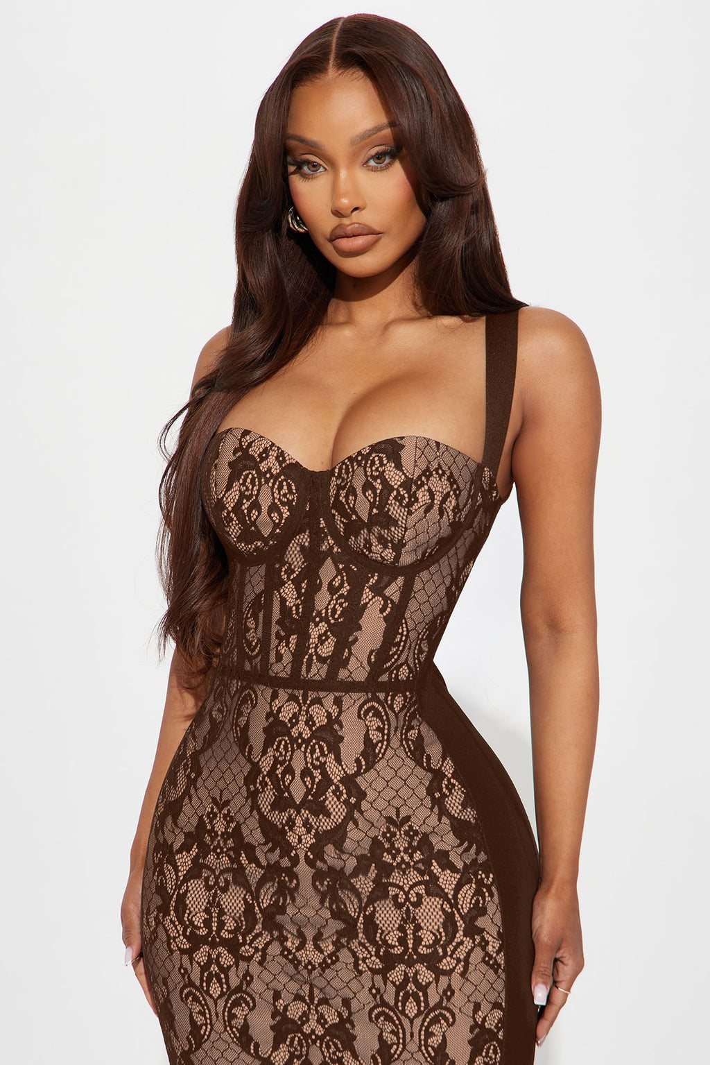 Act Up Lace Bandage Midi Dress - Chocolate