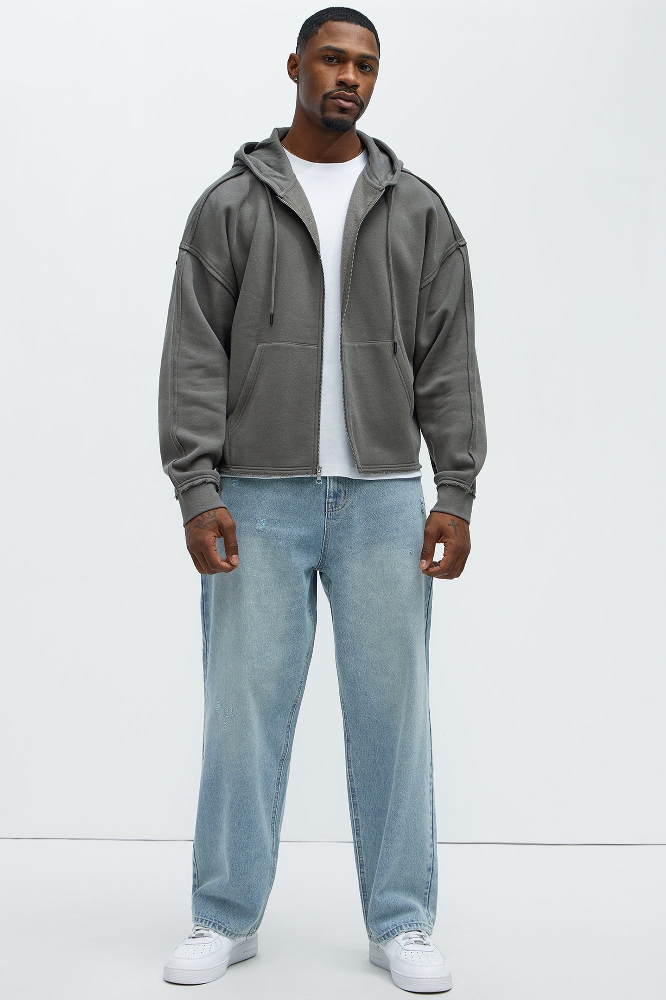 Tyson Oversized Cropped Zip Up Hoodie - Grey