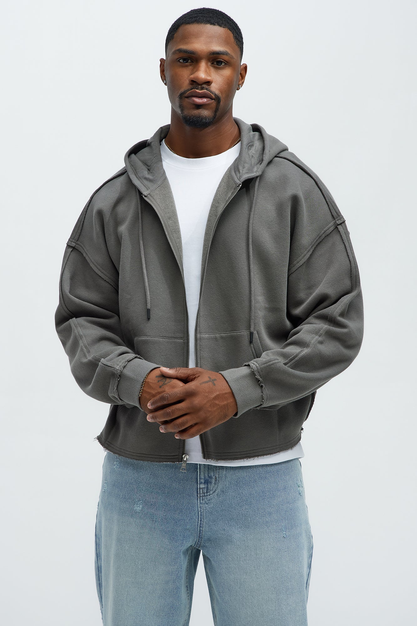 Tyson Oversized Cropped Zip Up Hoodie - Grey