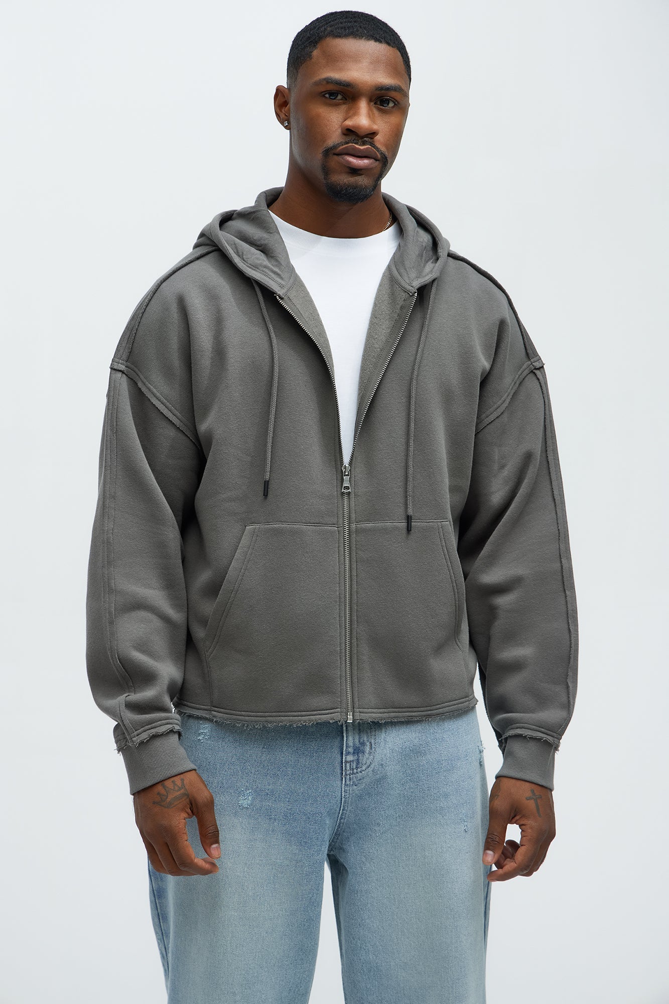 Tyson Oversized Cropped Zip Up Hoodie - Grey