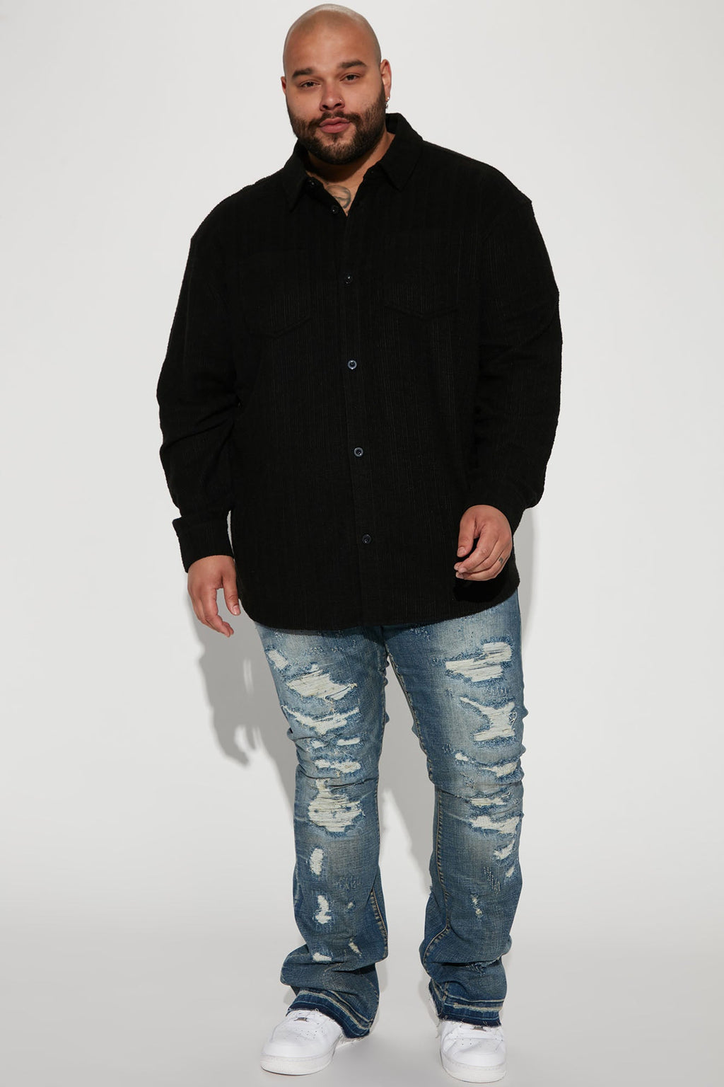 Dean Textured Long Sleeve Button Up Shirt - Black