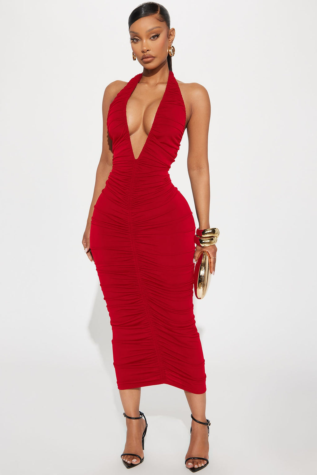 Keke Ruched Deep V Midi Dress - Red
