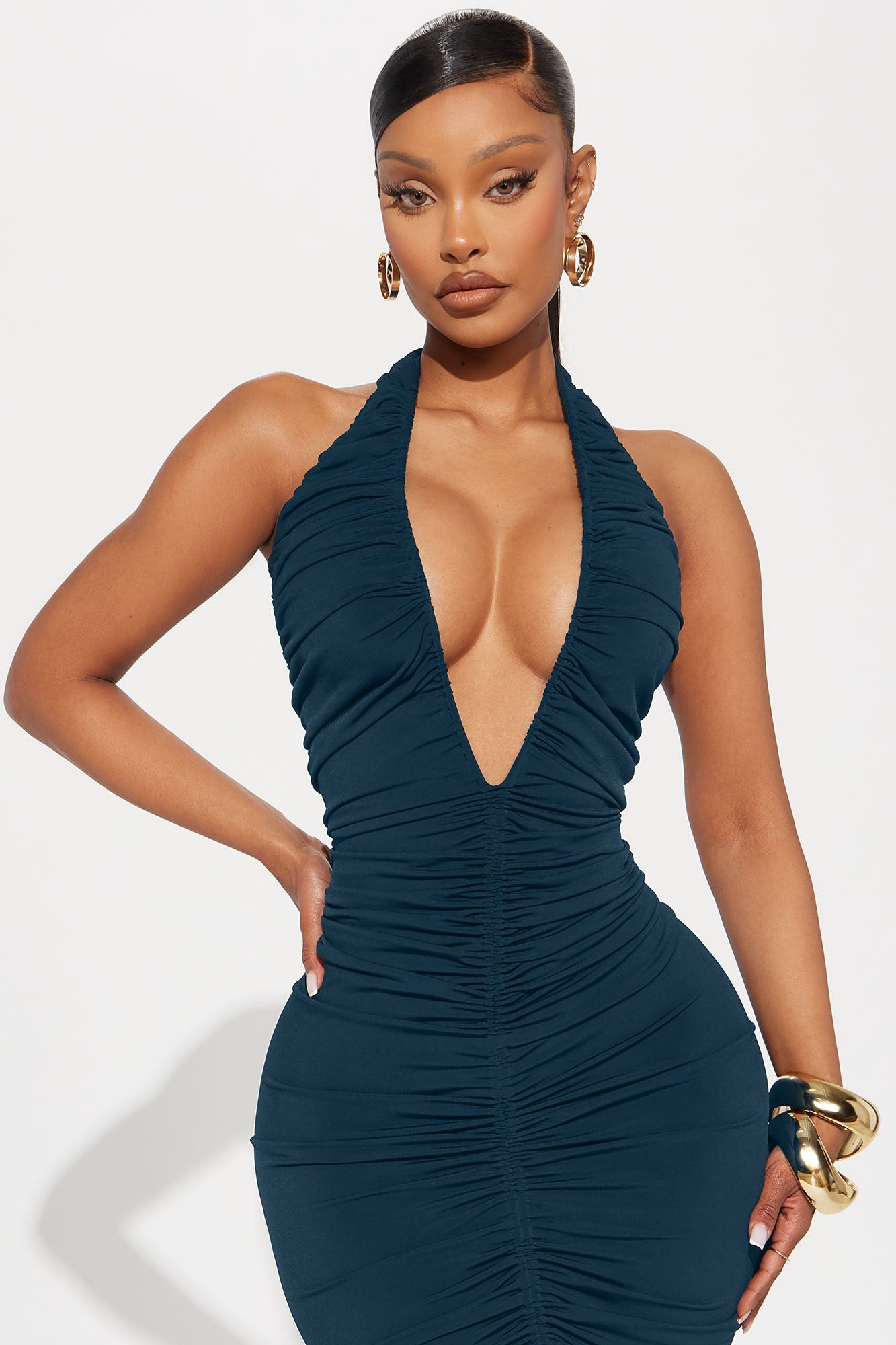 Keke Ruched Deep V Midi Dress - Teal