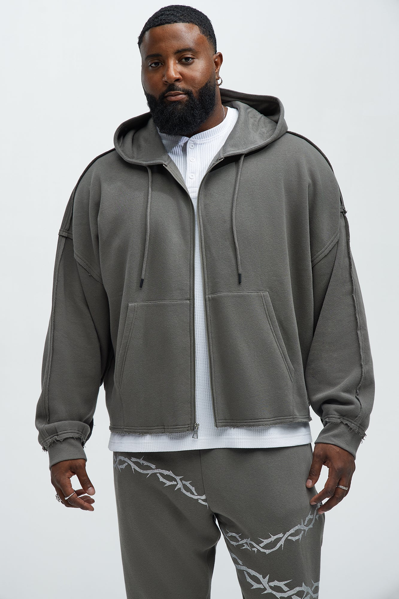 Tyson Oversized Cropped Zip Up Hoodie - Grey