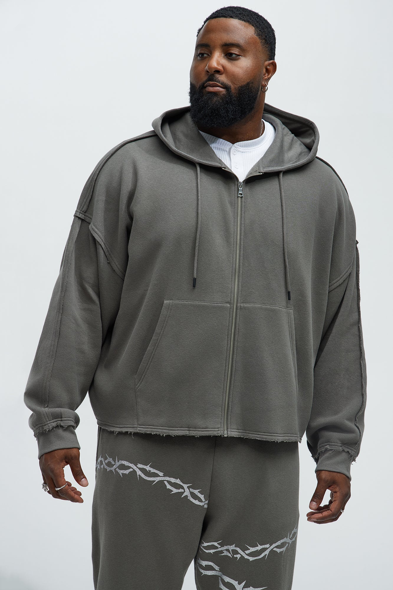 Tyson Oversized Cropped Zip Up Hoodie - Grey