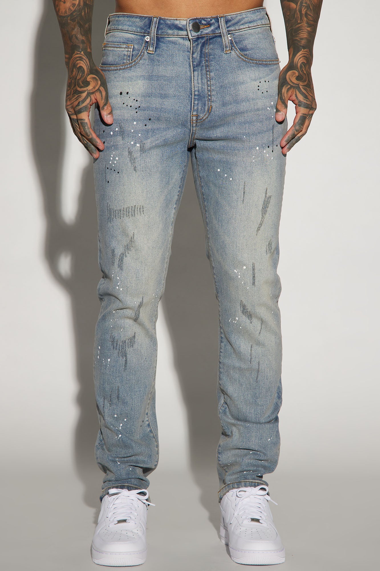 Ripped And Bleach Splatter Slim Jeans - Light Blue Wash