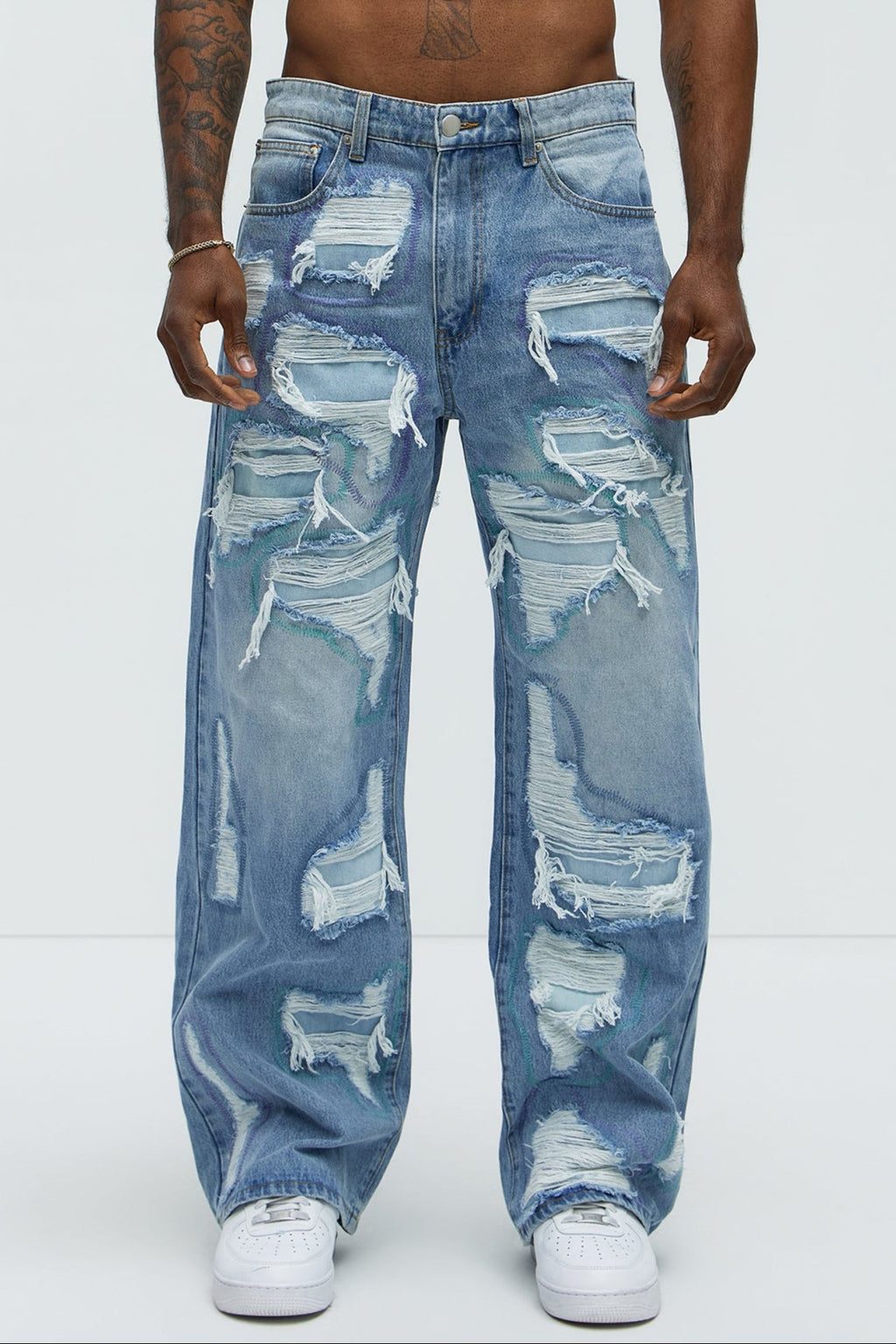 Worn All Over Distressed Baggy Jeans - Light Wash