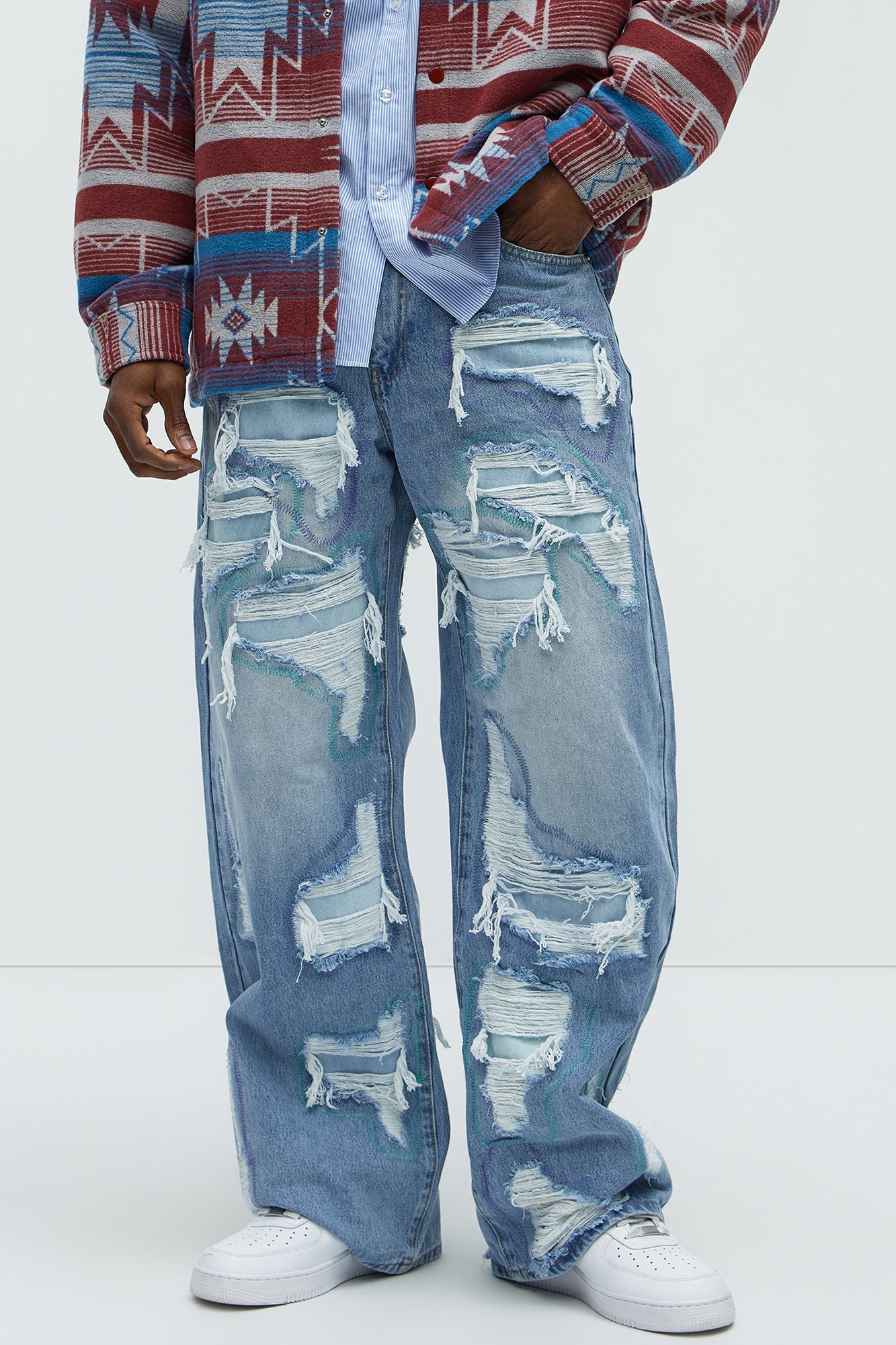 Worn All Over Distressed Baggy Jeans - Light Wash