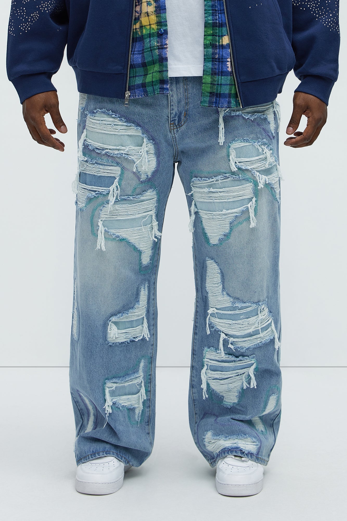 Worn All Over Distressed Baggy Jeans - Light Wash