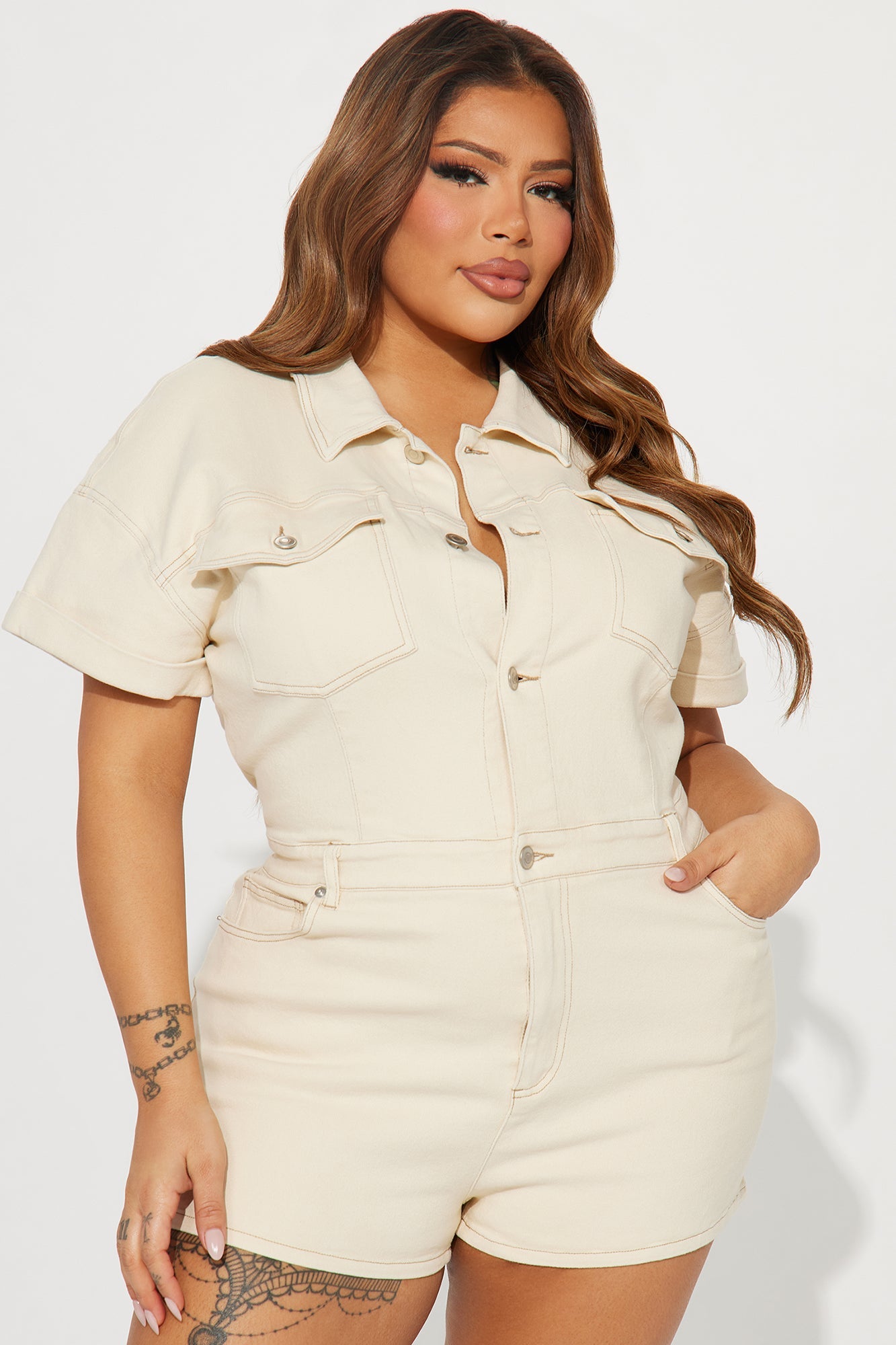 Talk To Me Denim Romper - Khaki